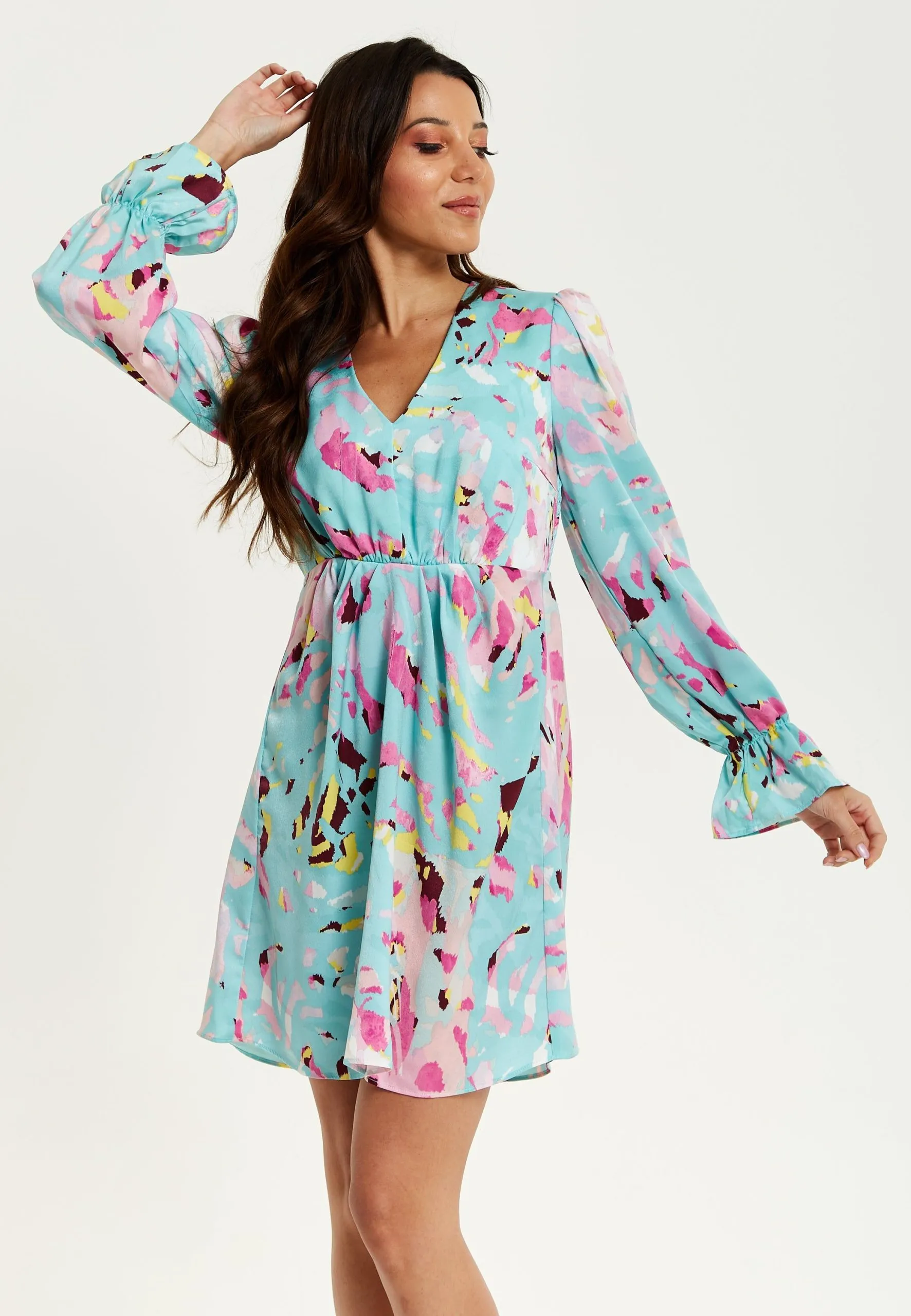 Blue Abstract Print Mini Dress With Open Back And Long Sleeves