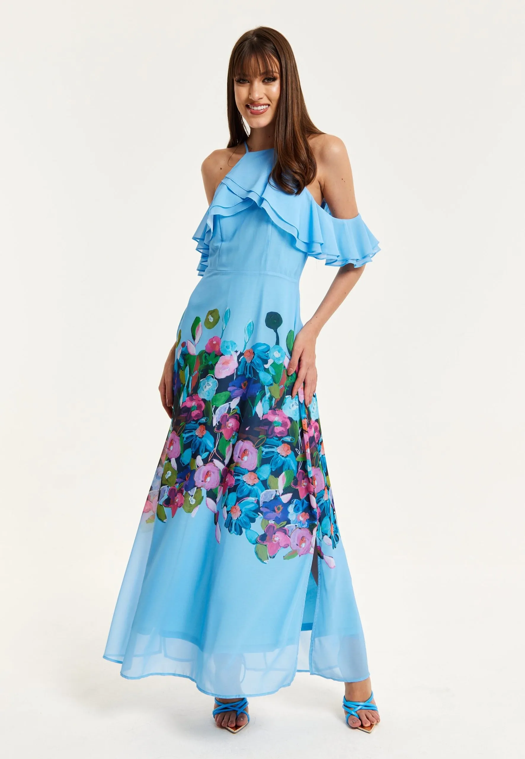 Floral Print Maxi Dress With Frill Details in Blue