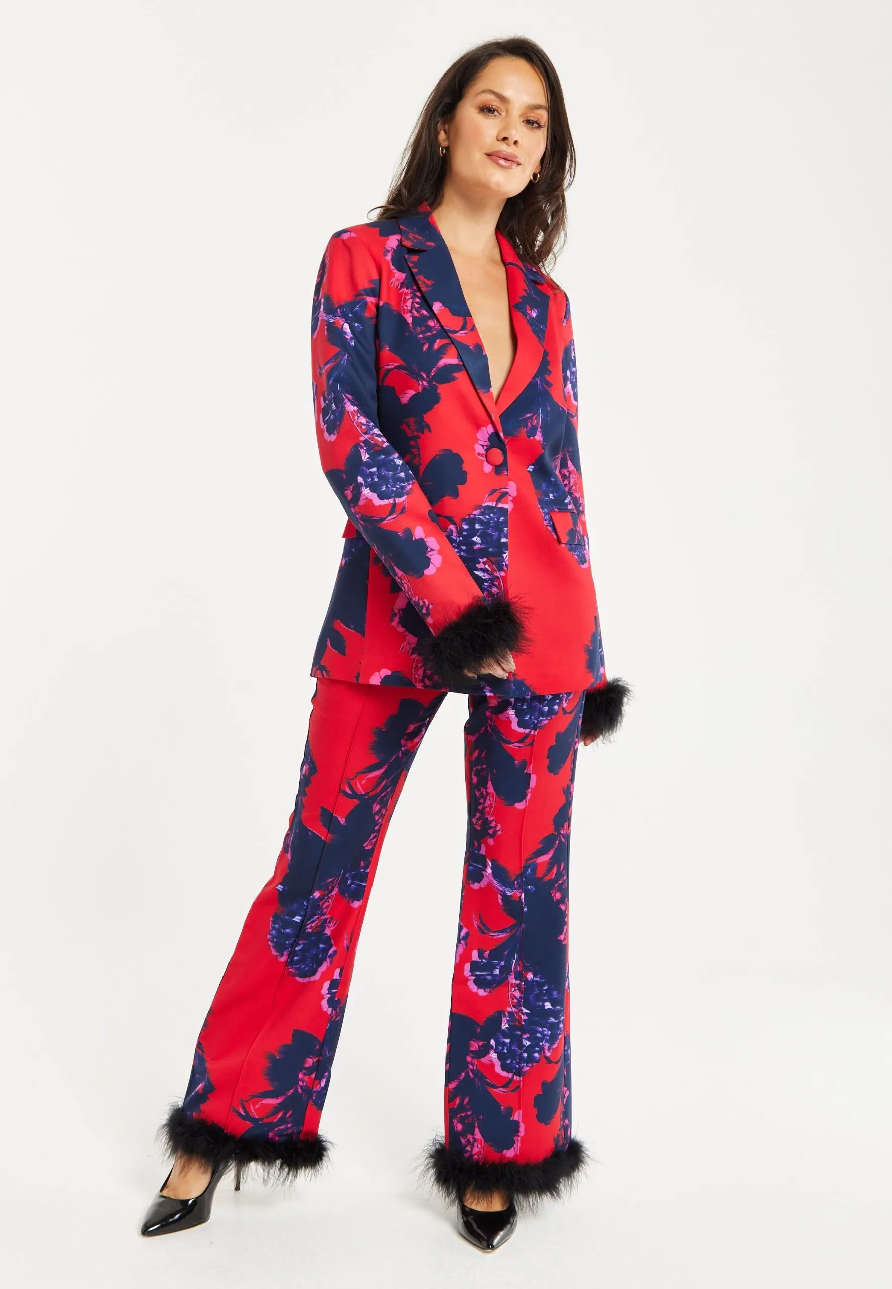 Floral Print Blazer With Fluffy Trim