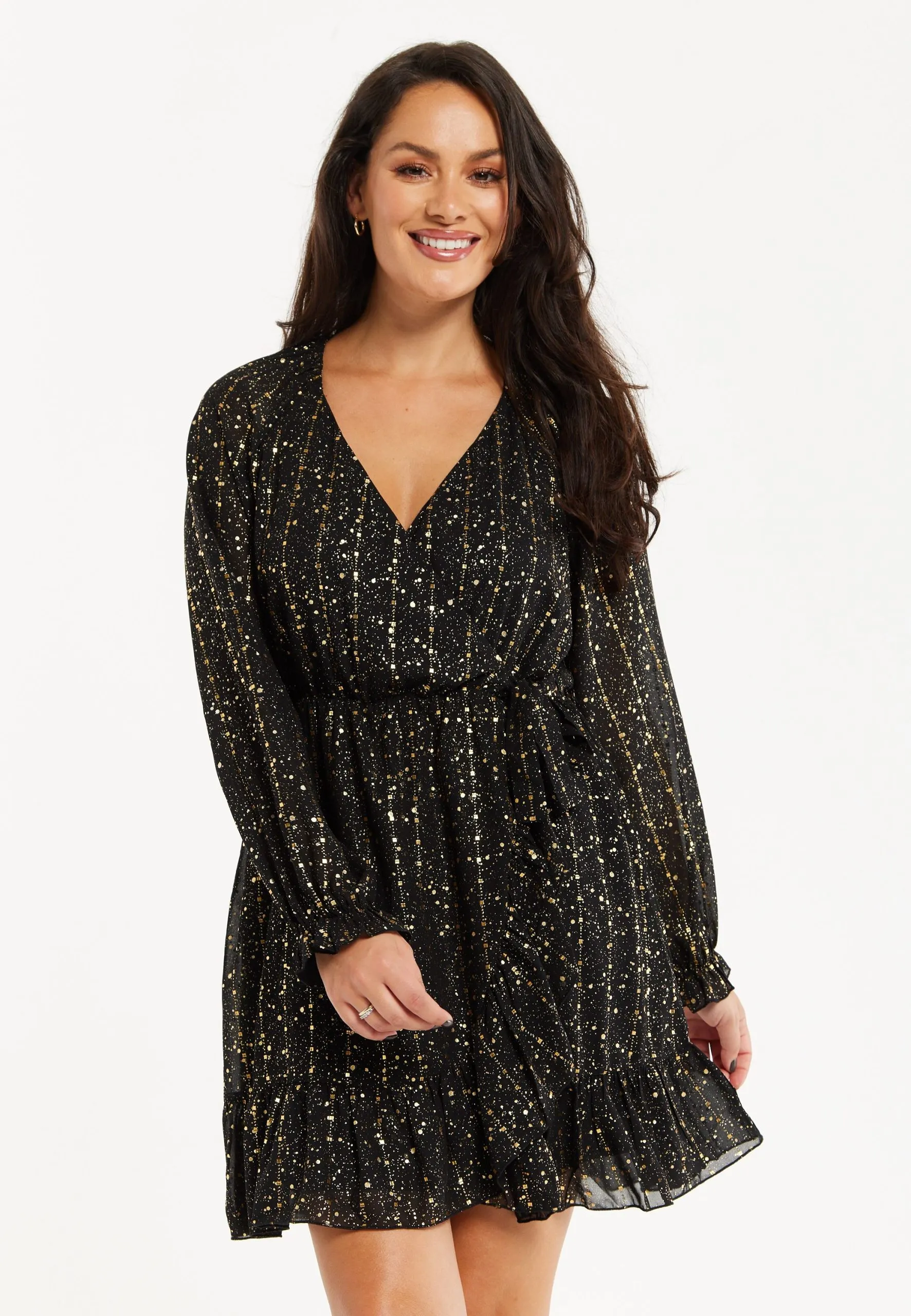 Gold Printed Chiffon Mini Wrap Dress
