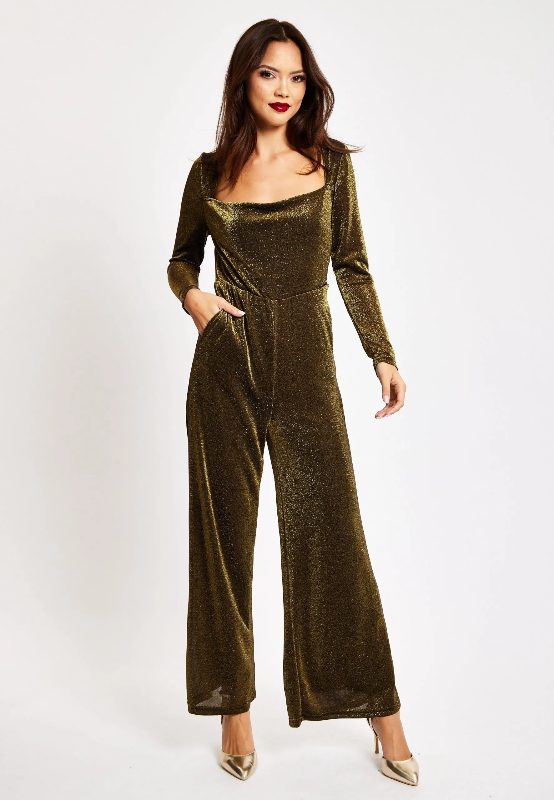 Gold Cowl Neck Lurex Jumpsuit