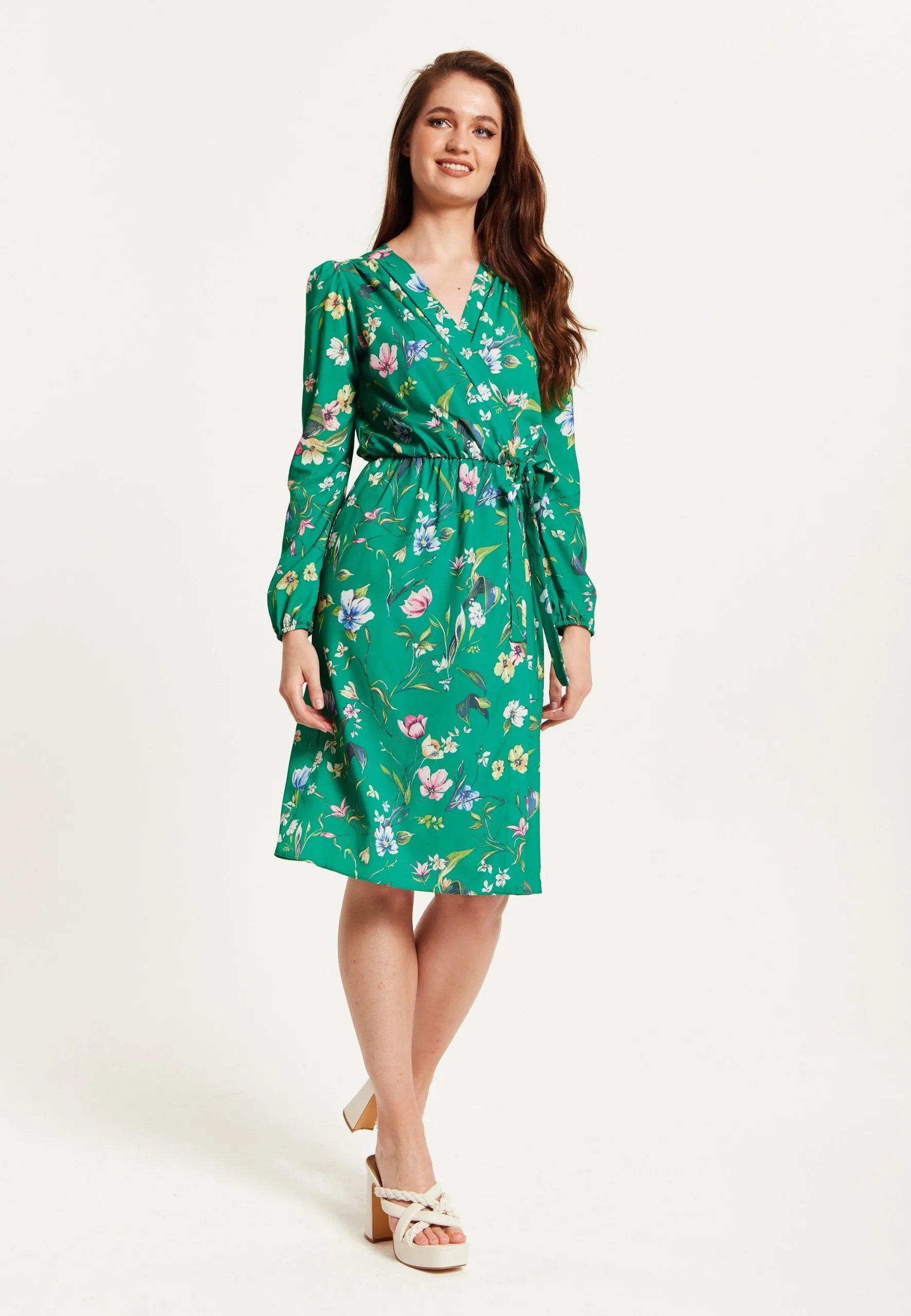 Green Floral Print Midi Fake Wrap Dress