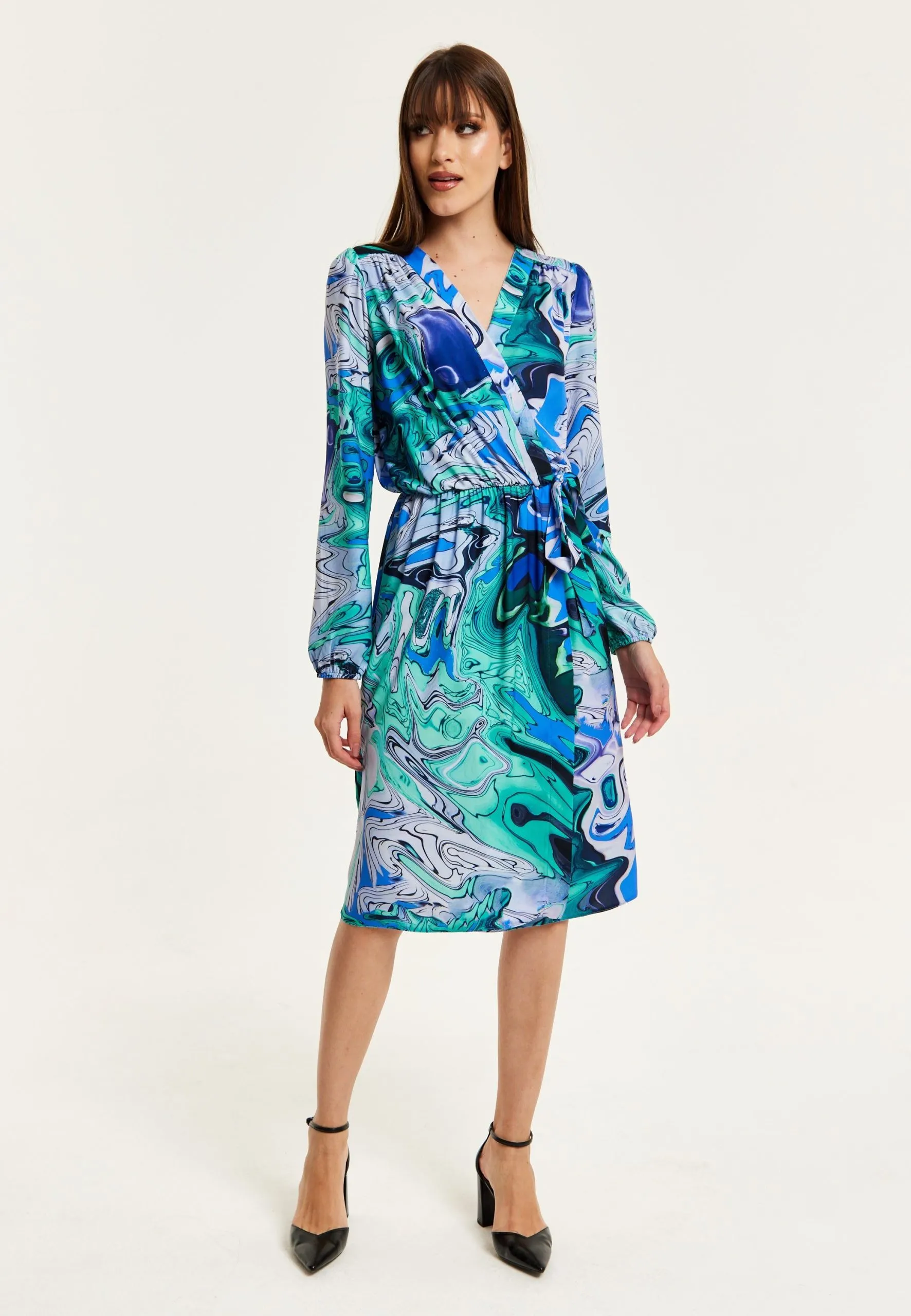 Turquoise Marble Print Midi Wrap Dress