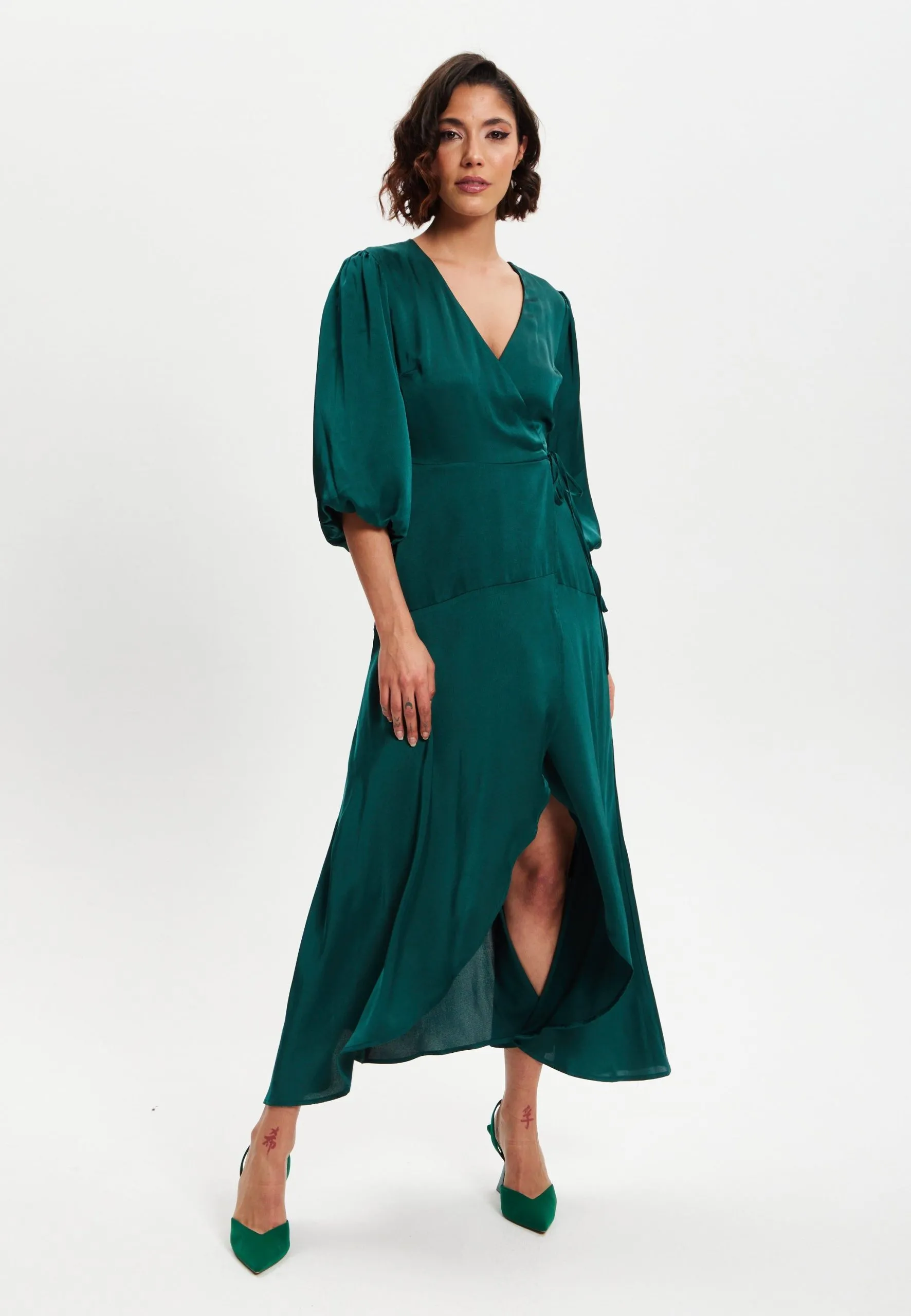 Dark Green Midi Wrap Dress With Short Puff Sleeves