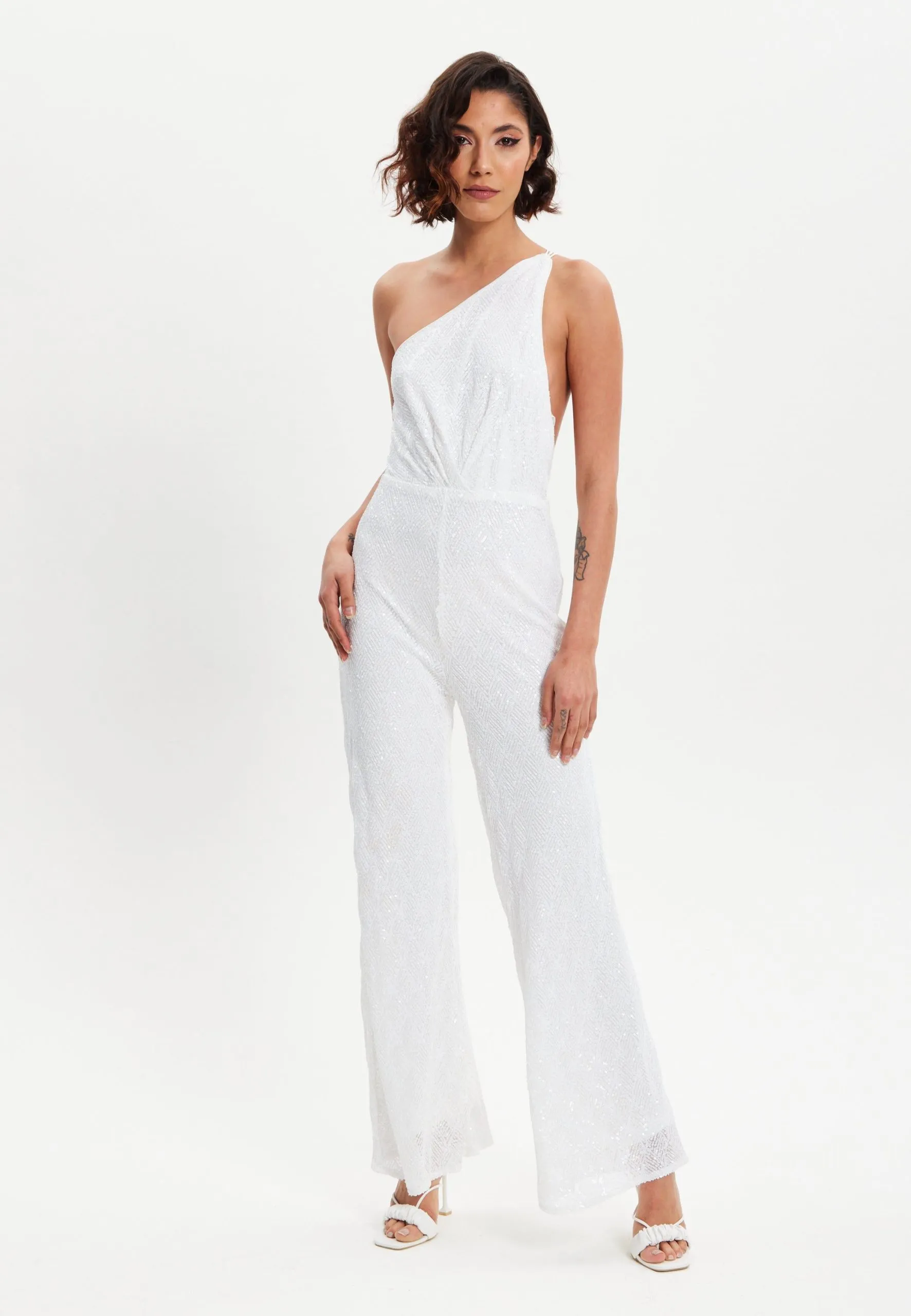 White Sequin Jersey One Shoulder Jumpsuit