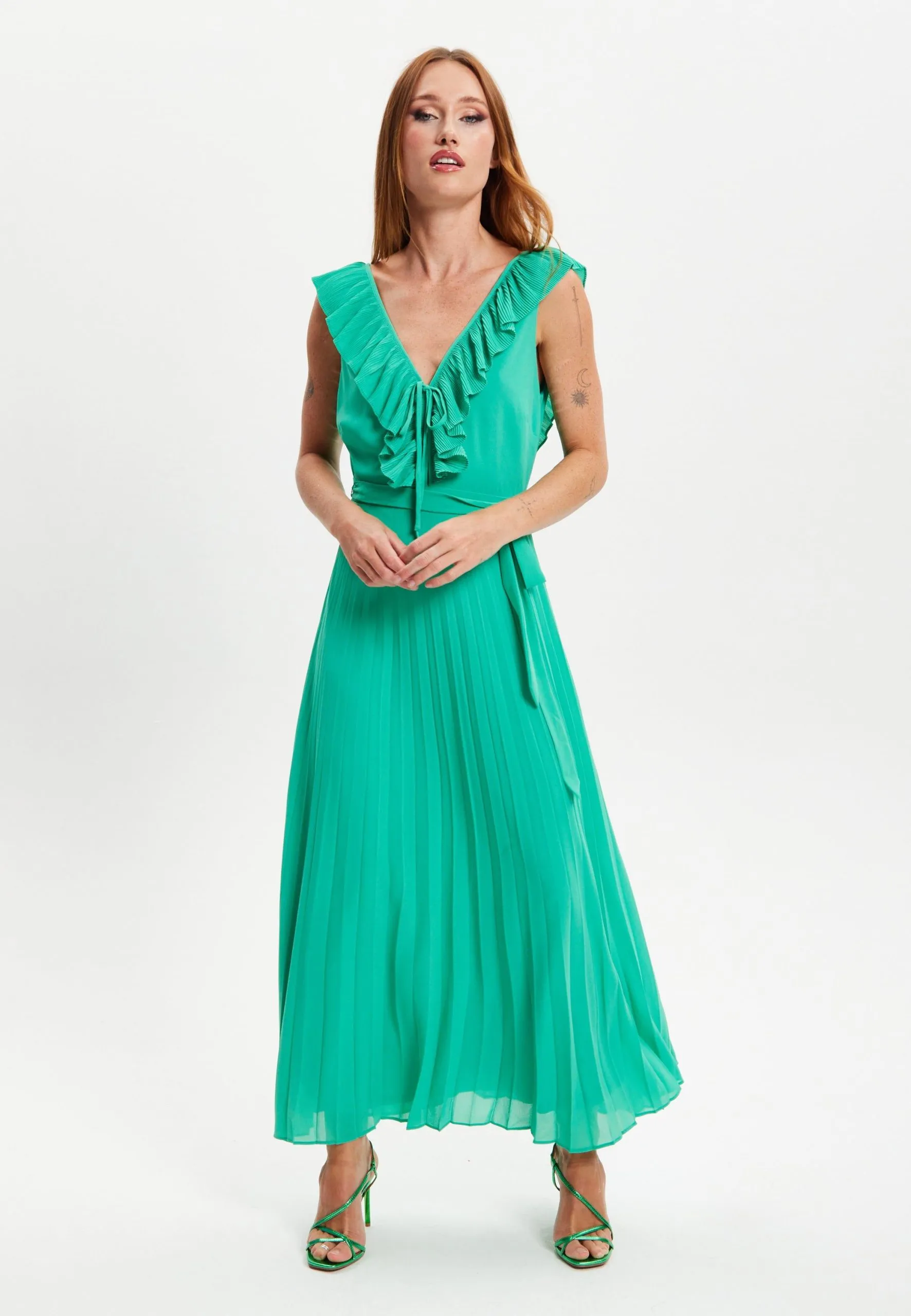 Frilled V Neck Sleeveless Pleated Maxi Dress