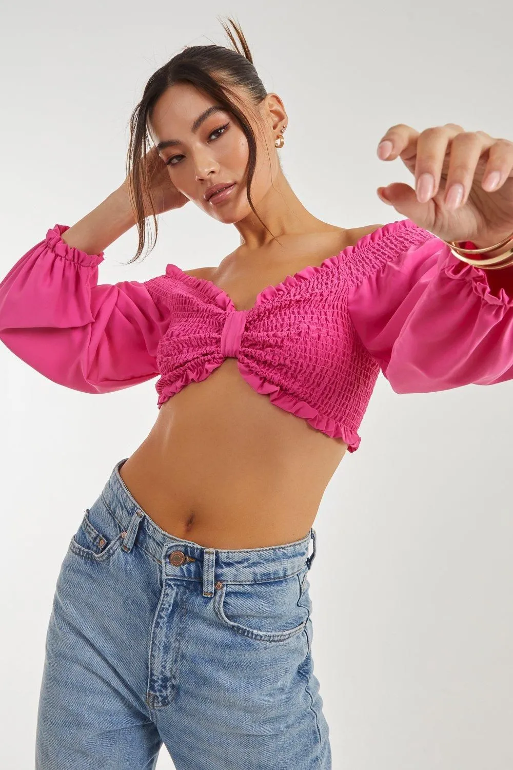 Twist Front Balloon Sleeve Crop Top