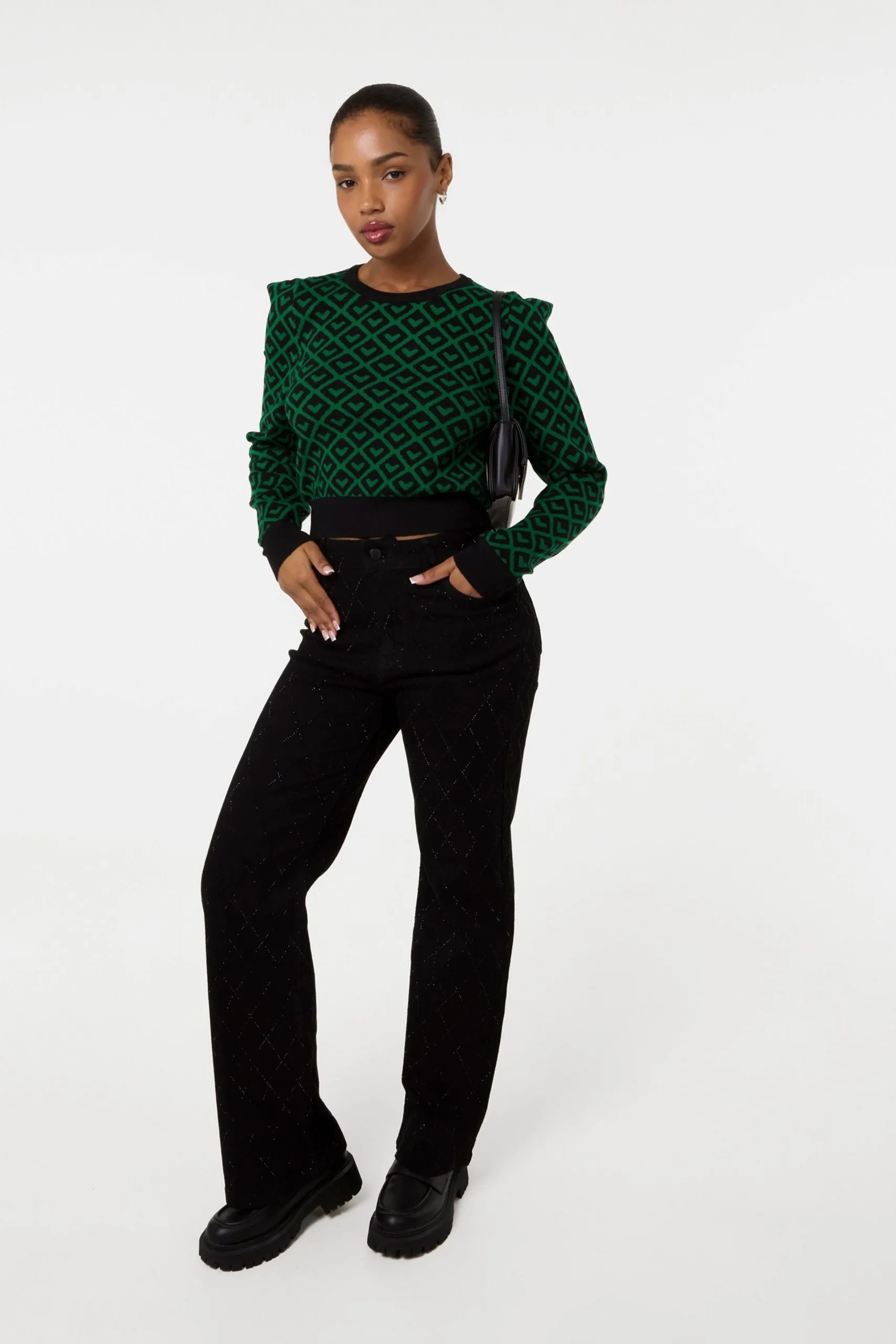Dark Green Diamond Rib Neck Jumper