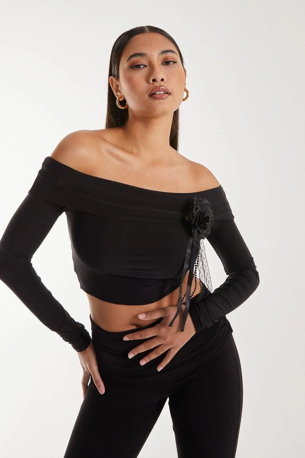 Corsage Detail Bardot Long Sleeve Top