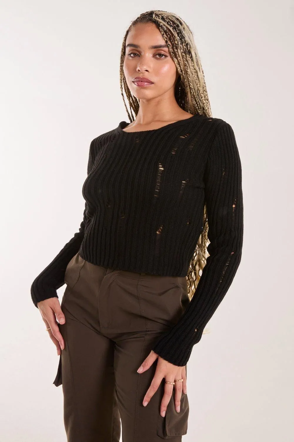 Distressed Long Sleeve Knitted Jumper