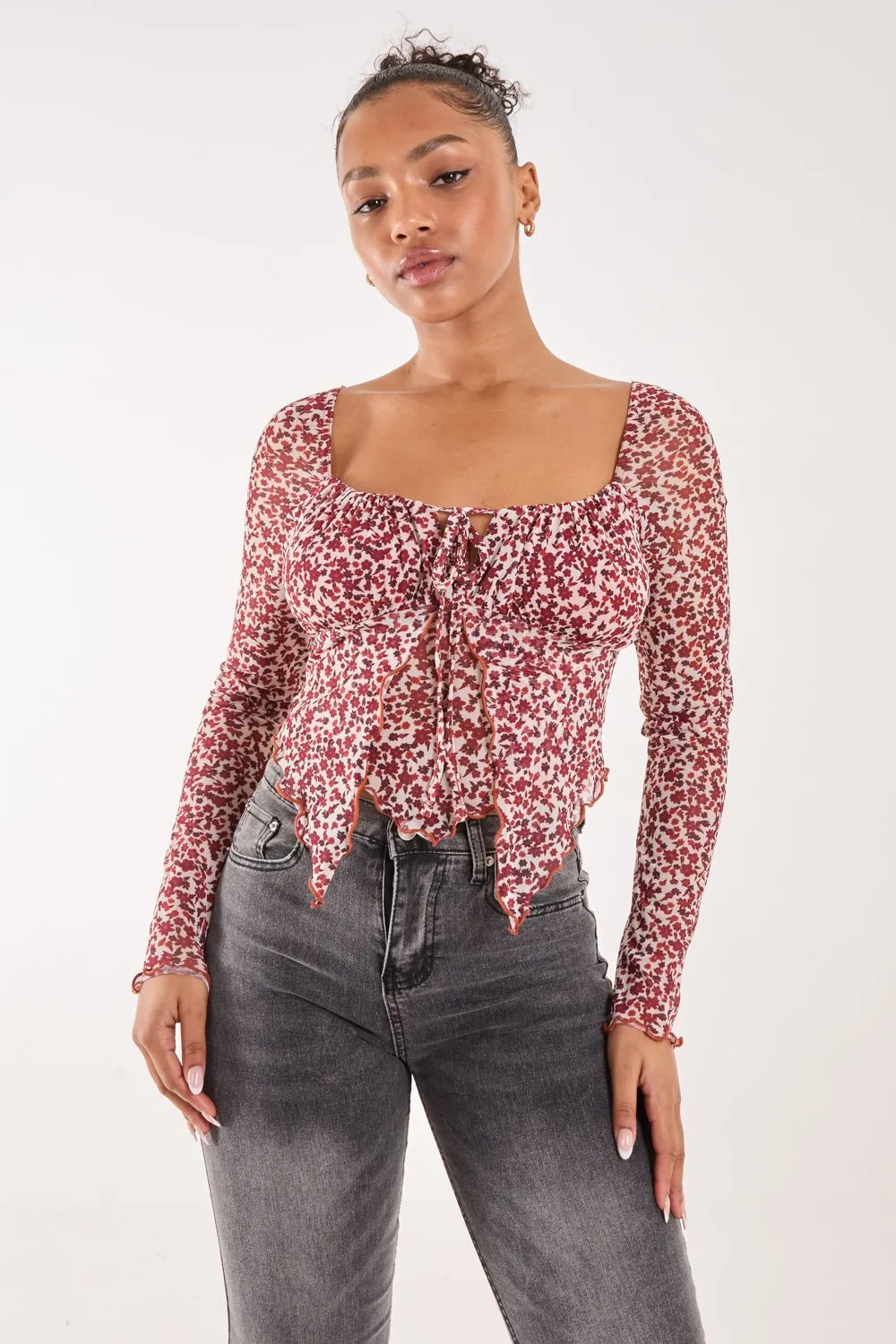 Ditsy Floral Print Long Sleeve Butterfly Top
