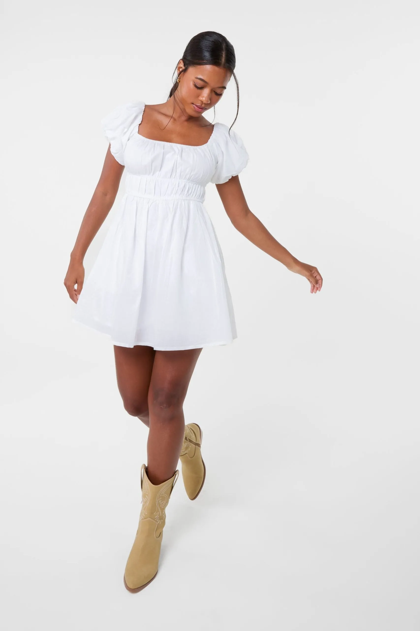 Ivory Puff Sleeve Mini Dress with Shorts