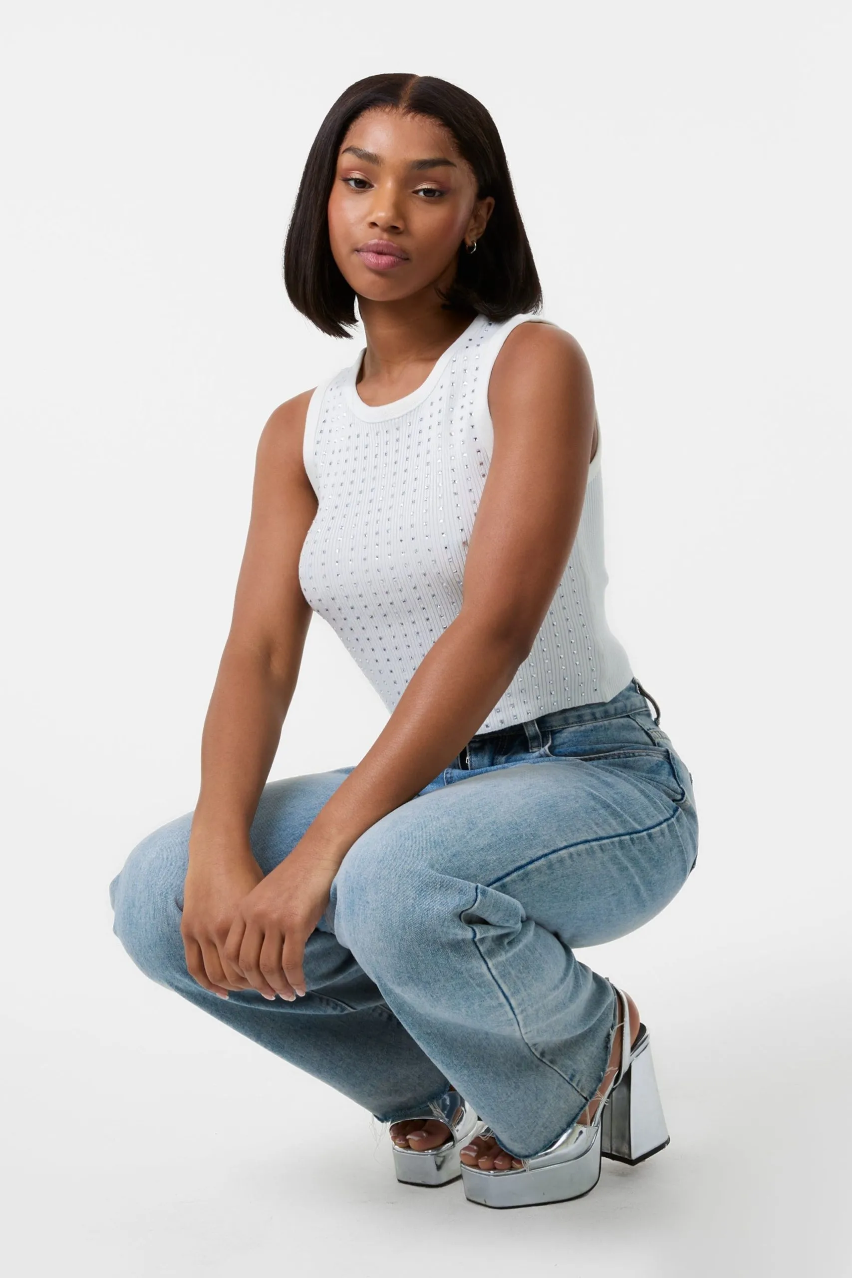 Ivory Diamante Ribbed Vest