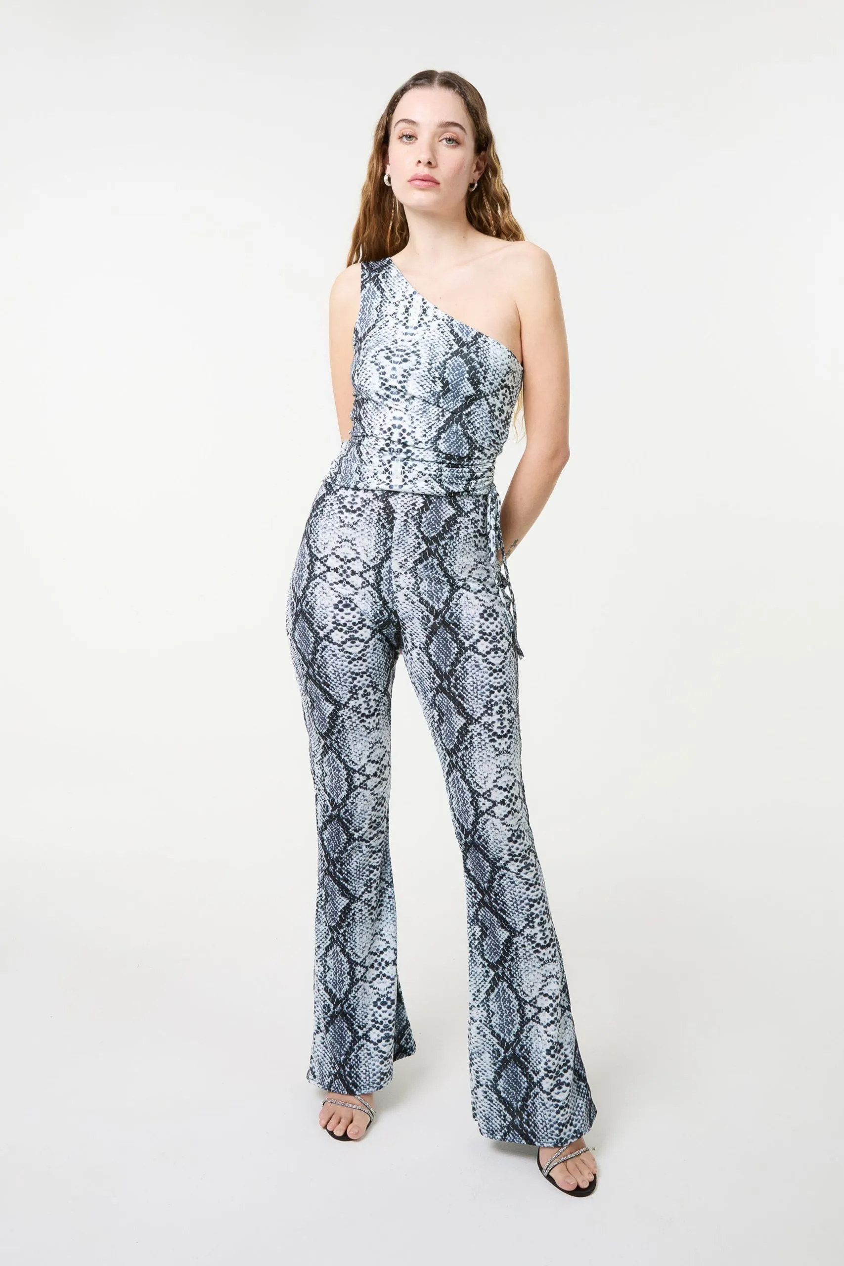 Black Snake Print Flare Trousers