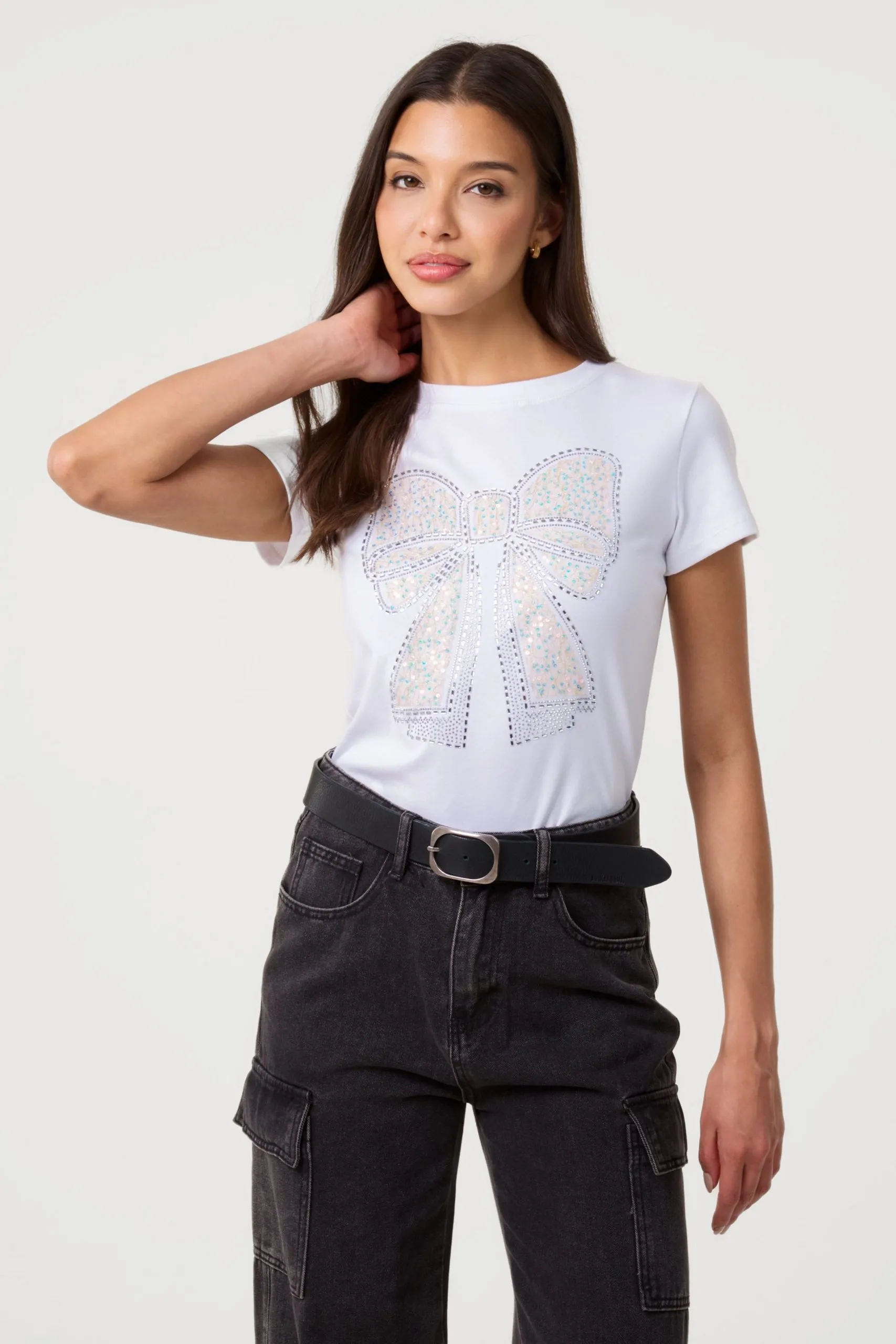 Ivory Diamante Bow Ribbon Tee