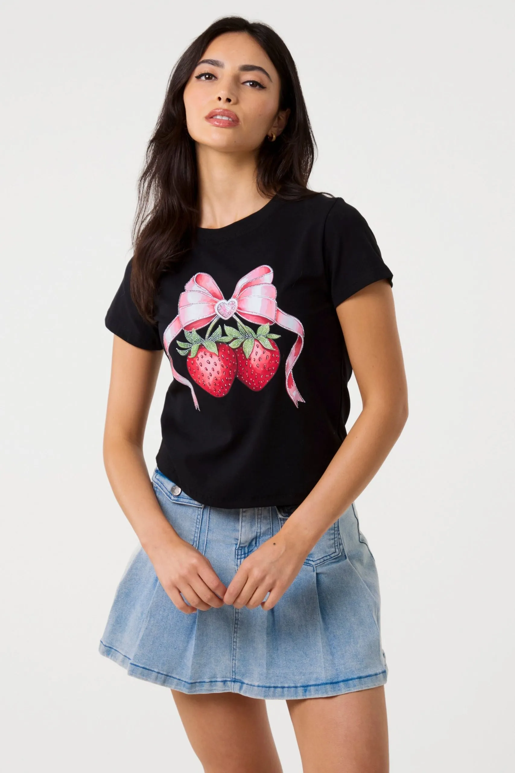 Black Diamante Strawberry Bow Tee