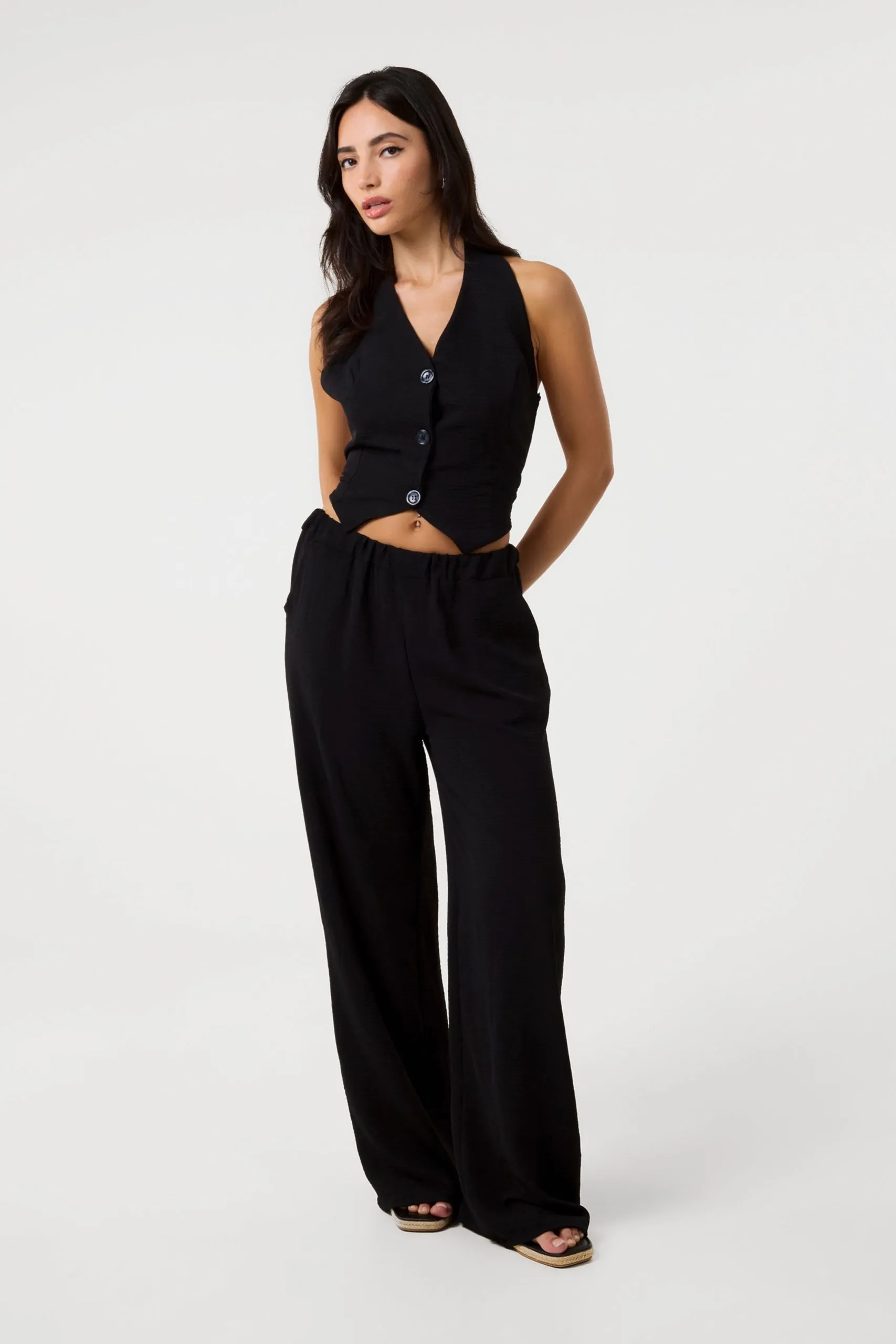 Black Halterneck Waistcoat With Trousers Set