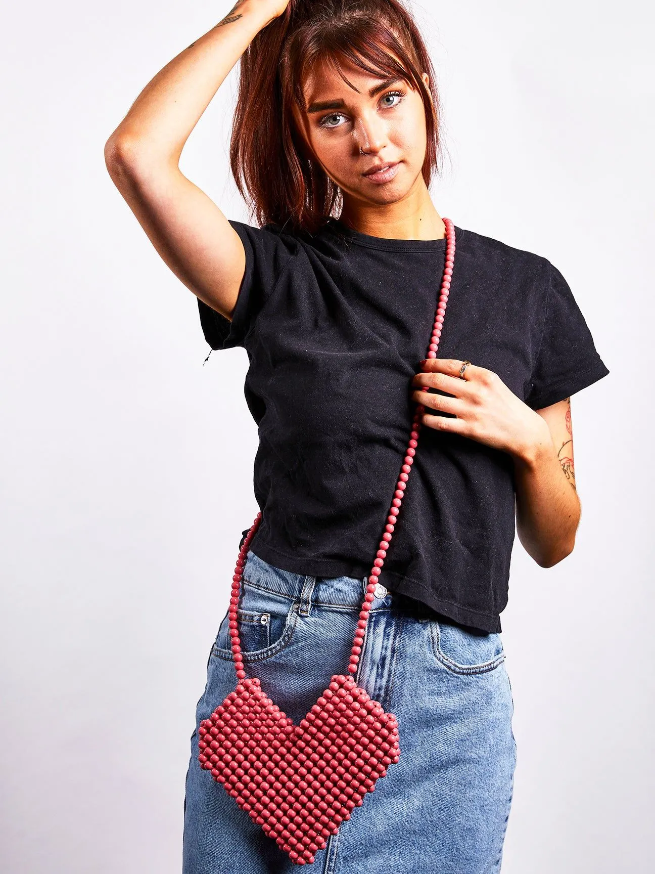 Beaded Heart Crossbody Bag in Vintage Pink