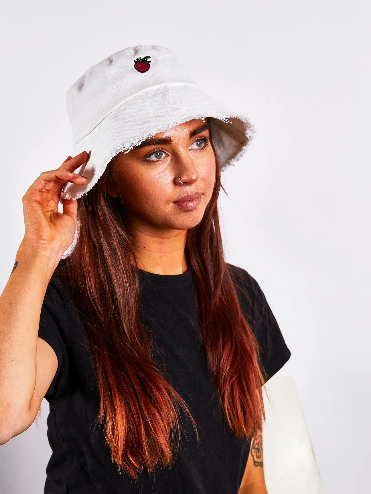 Distressed Edge Bucket Hat With Strawberry Embroidery in Cream