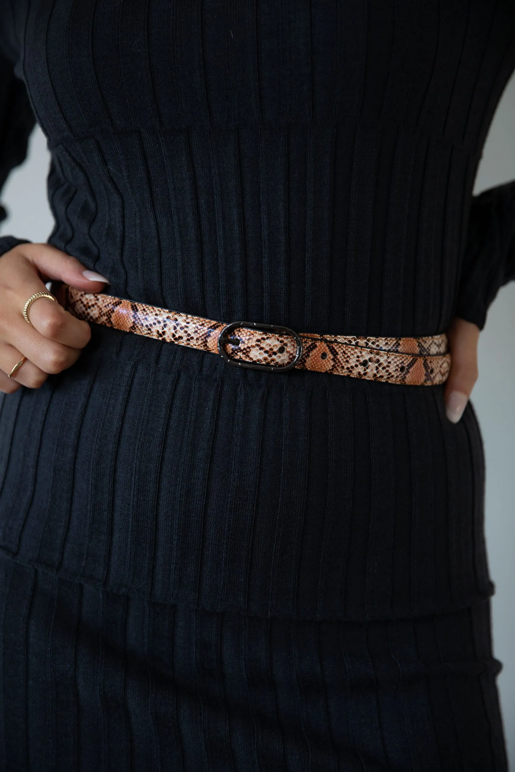 Faux Snake Print Thin Belt in Coral