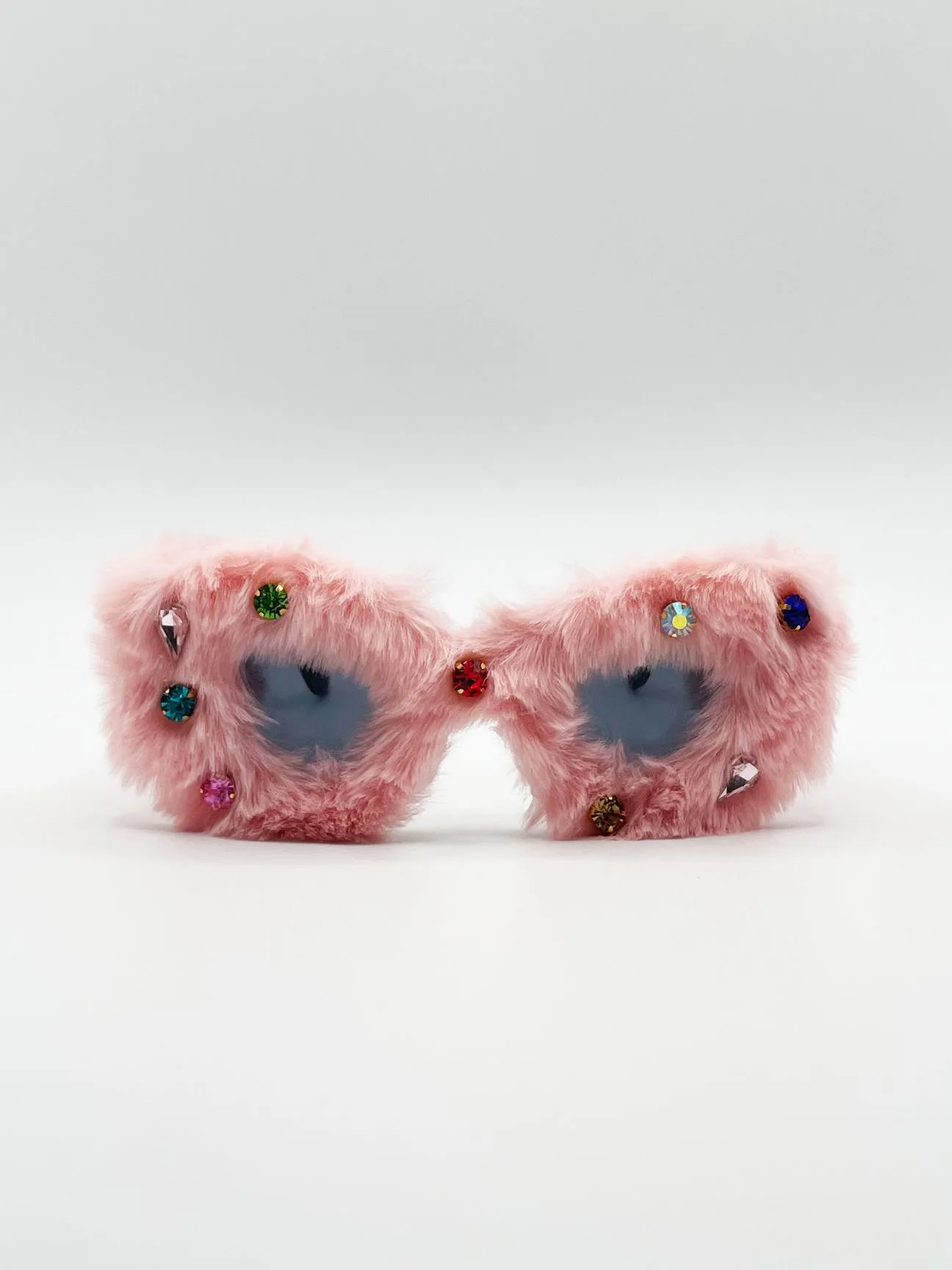 Faux fur Cateye Sunglasses with multicoloured Gems in Pink