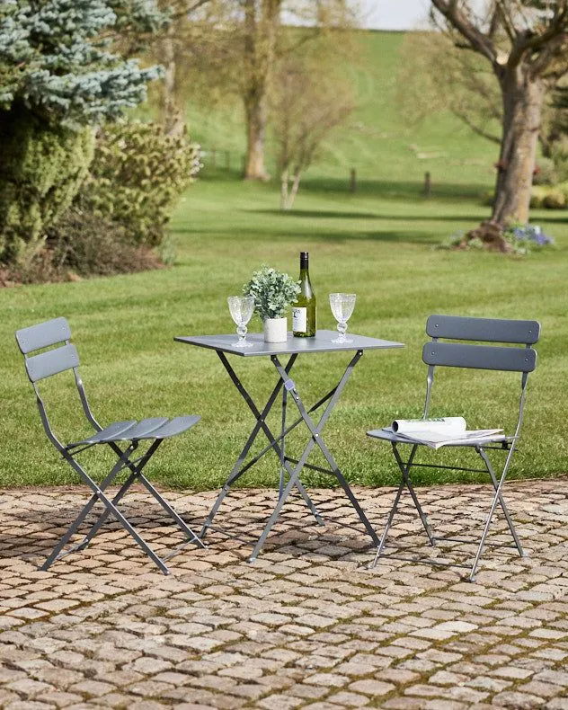 3pc Metal Grey Square 2 Seater Folding Patio Set Outdoor Garden Dining Table & Chairs Set Bistro Set