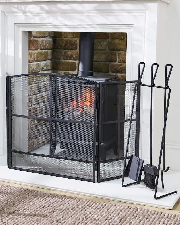 Contemporary Black Fireside 4pc Freestanding Companion Set with Fire Screen Guard