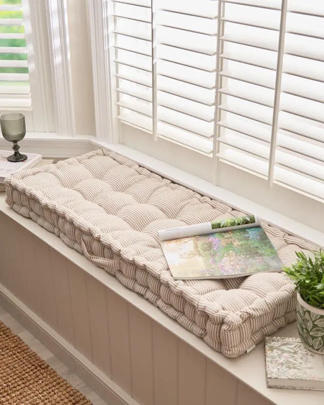 Mocha Cotton Ticking Stripe Indoor Outdoor Garden Bench Cushion (L)112cm x (W)44cm