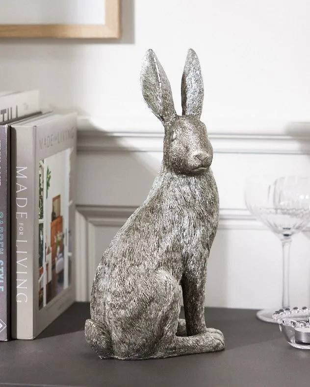 Traditional Style Silver Rabbit Sitting Sculpture Home Decorative Hare Ornament