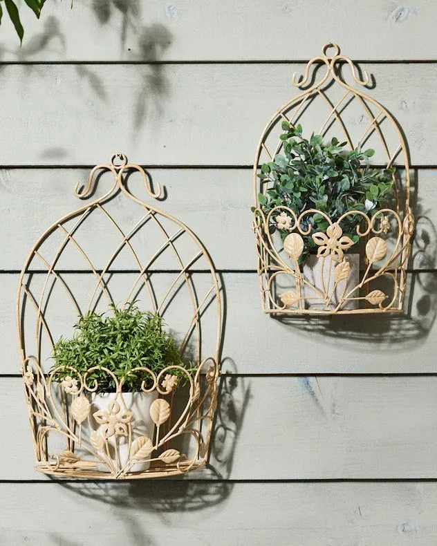 Set of 2 Vintage Style Wall Planters Ivory White Ornate Scrolled Wall Hanging Basket Flower Pots Indoor Outdoor Garden Planters