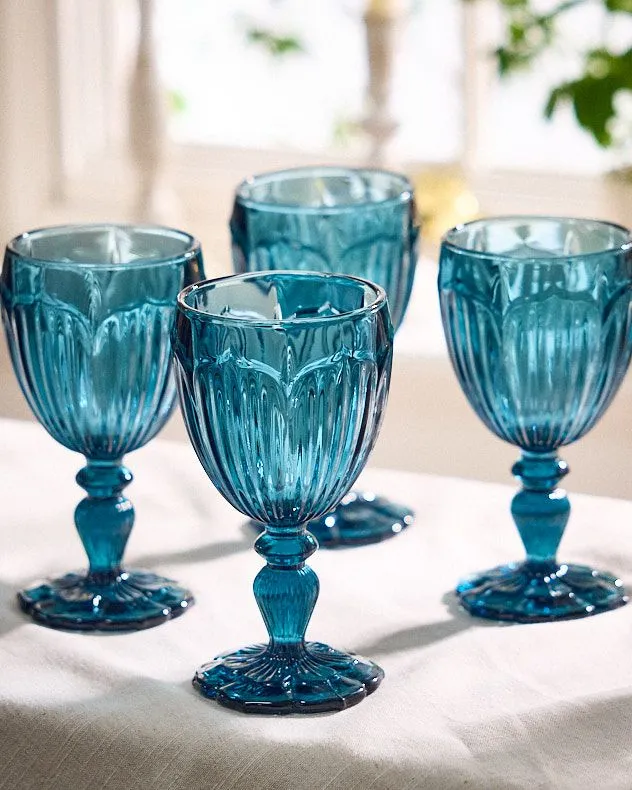 Set of 4 Luxury Embossed Blue Drinking Wine Glass Wine Goblets Gift Idea 280ml
