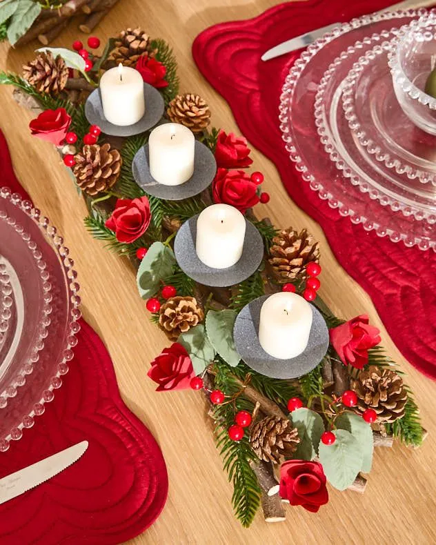 Set of 2 Roses Four Pillar Centrepiece Christmas Decoration Tealight Holder Candle Holders 51cm