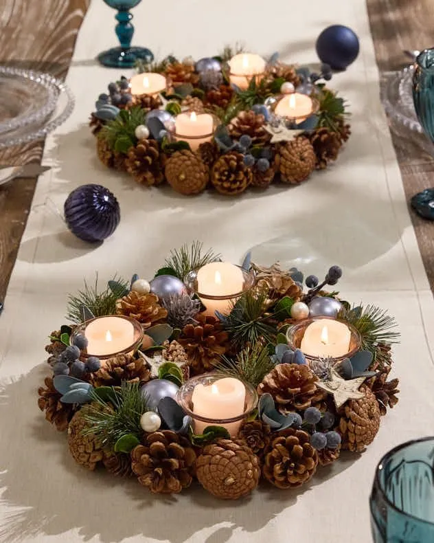 Set of 2 Moonlight Blue Round Table Centrepiece Christmas Decoration Candle Holders Tealight Holder 30cm