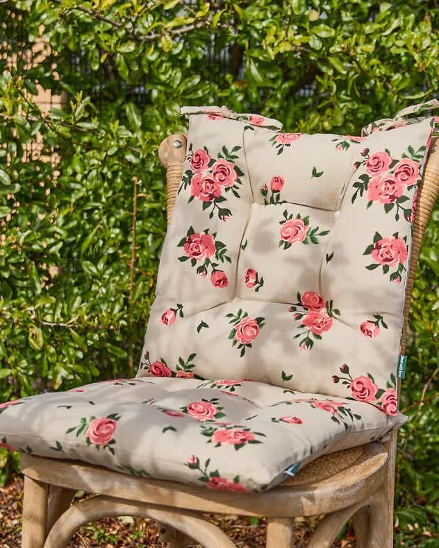 Set of 2 Vintage Rose Green Summer Outdoor Garden Chair Seat Pad Cushions