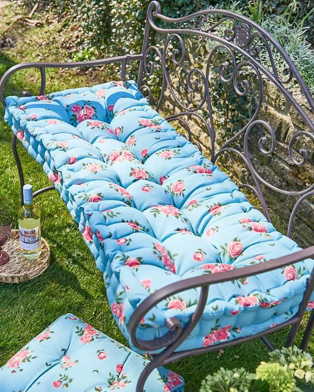 Vintage Blue Floral Summer Outdoor Garden Bench Cushion (L)112cm x (W)44cm