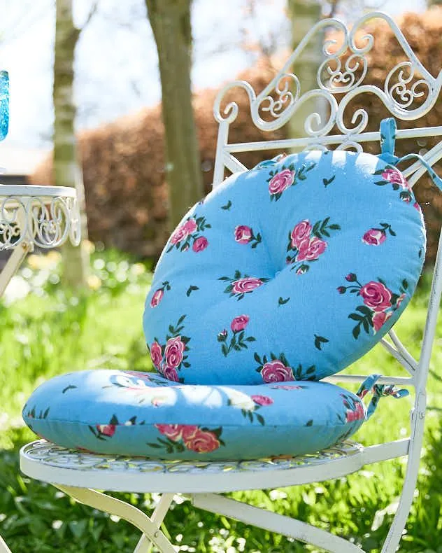 Set of 4 Blue Rose Round Summer Outdoor Garden Chair Seat Pad Cushions
