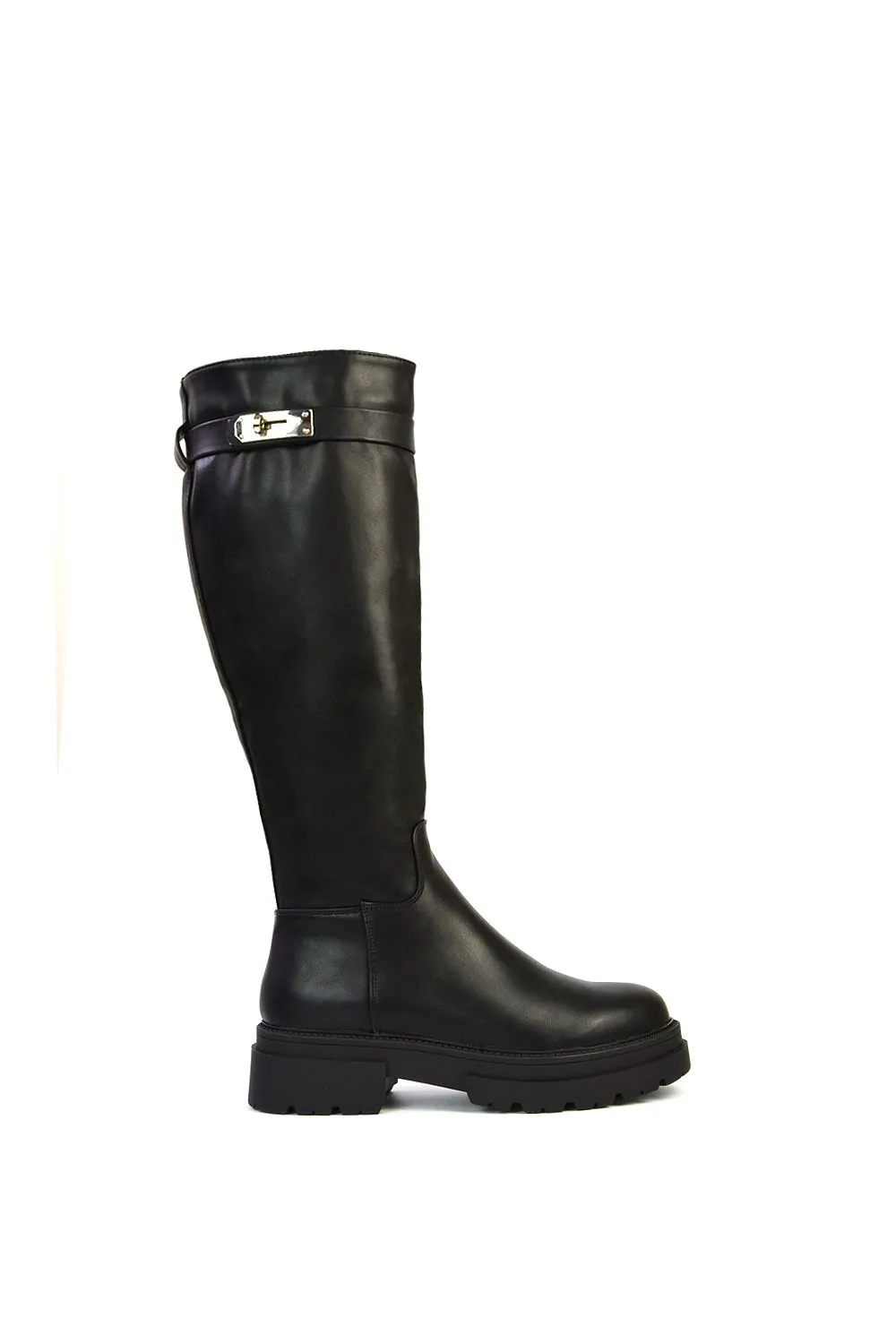 'Pose' Chunky Sole Buckle Knee High Biker Boots