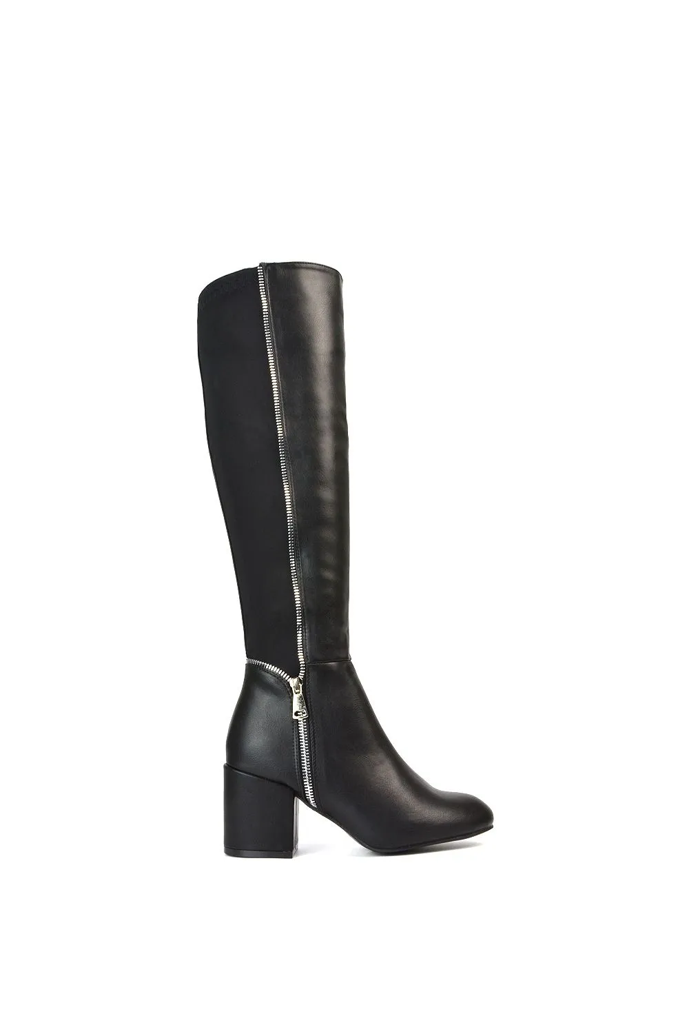 'Ronald' Silver Zip Up Knee High Boots With Mid Block Heel