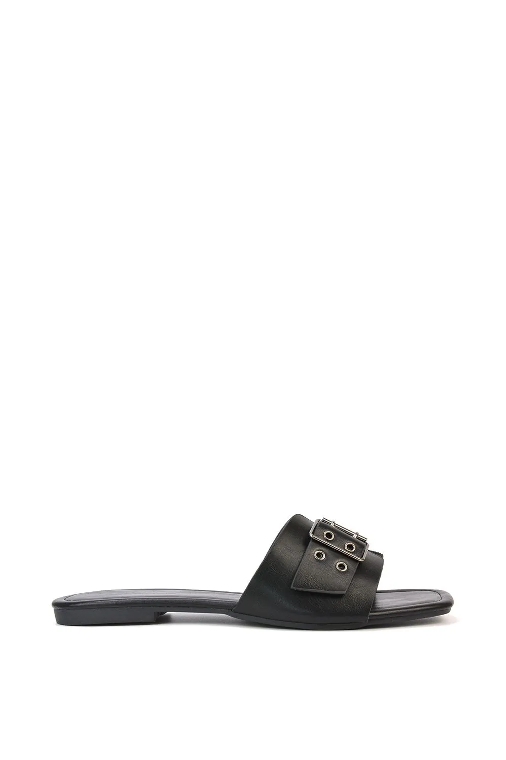 'Inez' Square Toe Slip On Strappy Flat Sandals With Buckle