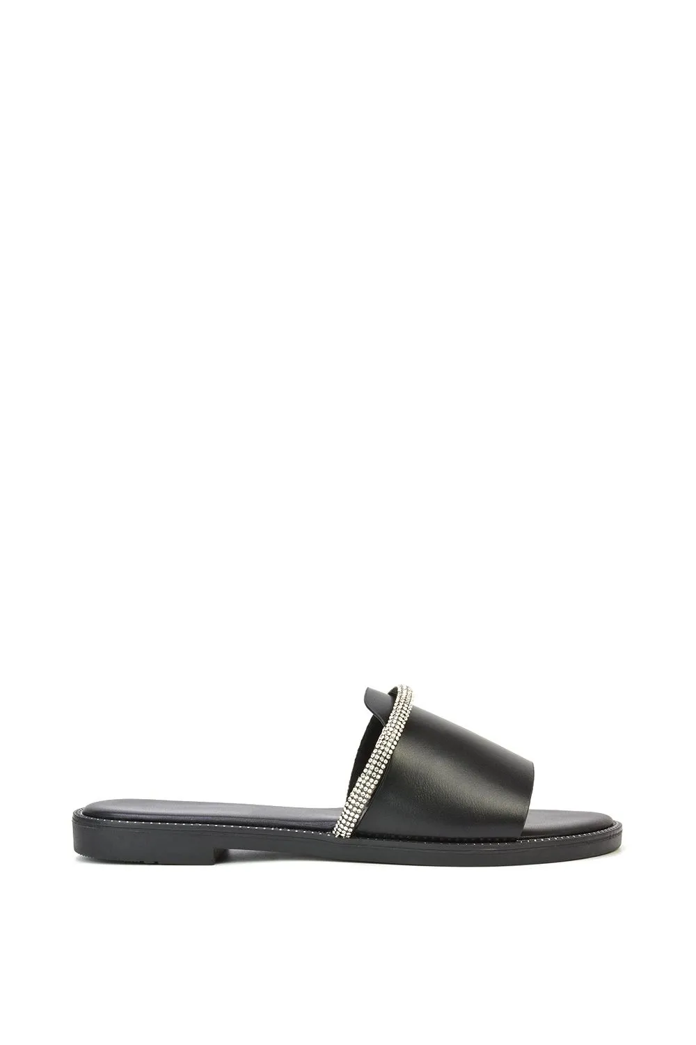 'Khai' Flat Sandal Sliders With Diamante Rhinestone Strap
