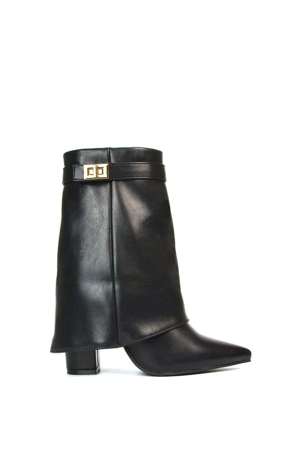 'Maggie' Pointed Toe Overlap Ankle Calf Boots With Block Heel