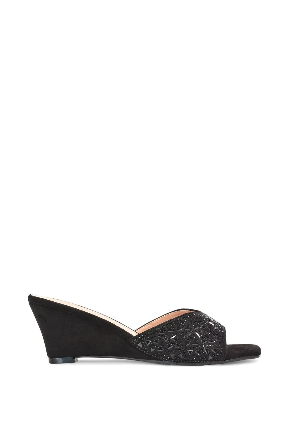 'Georgia' Wedge Heel Diamante Square Peep Toe Heeled Mule Sandals