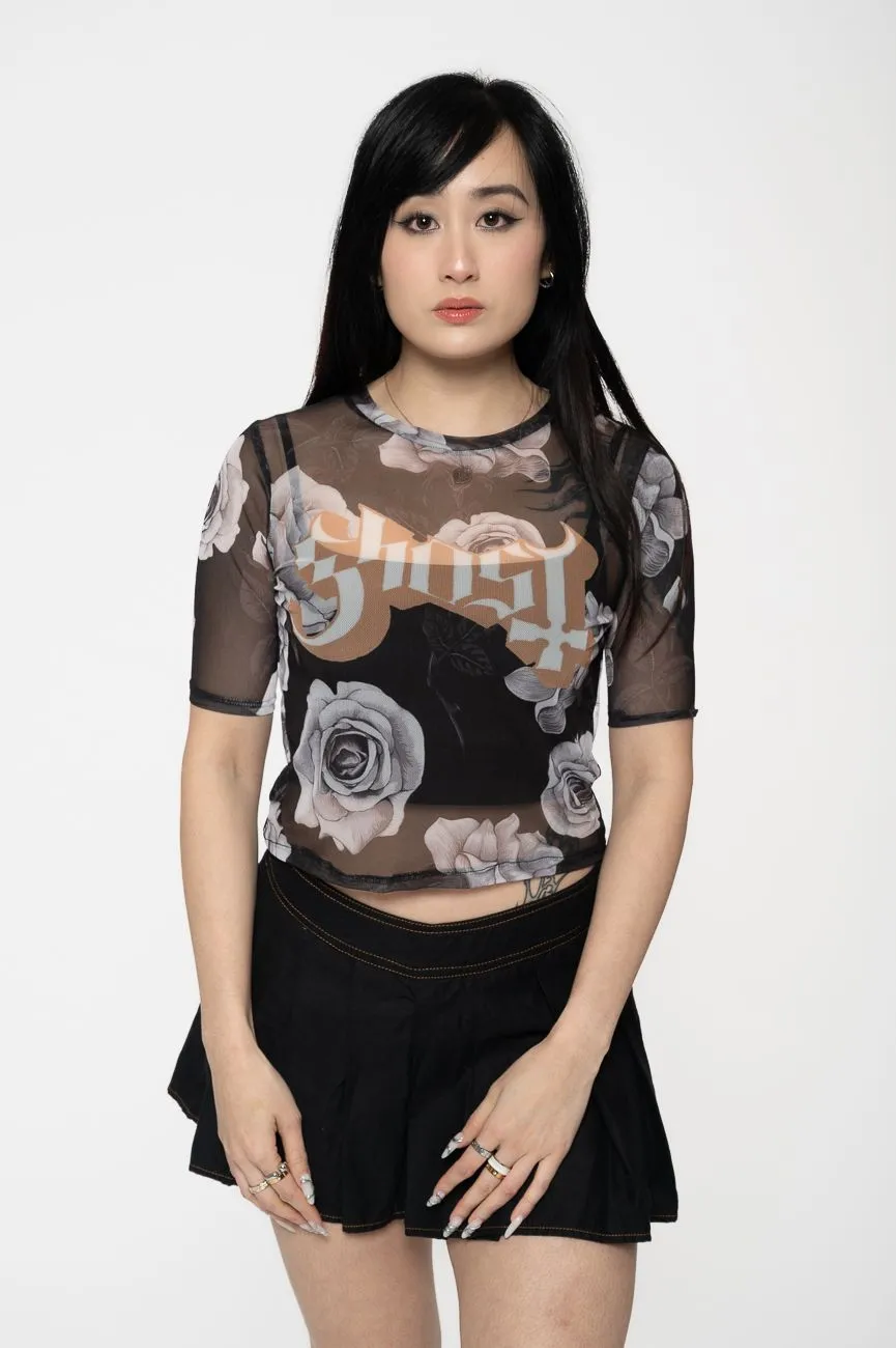 Logo And Roses Mesh Crop Top