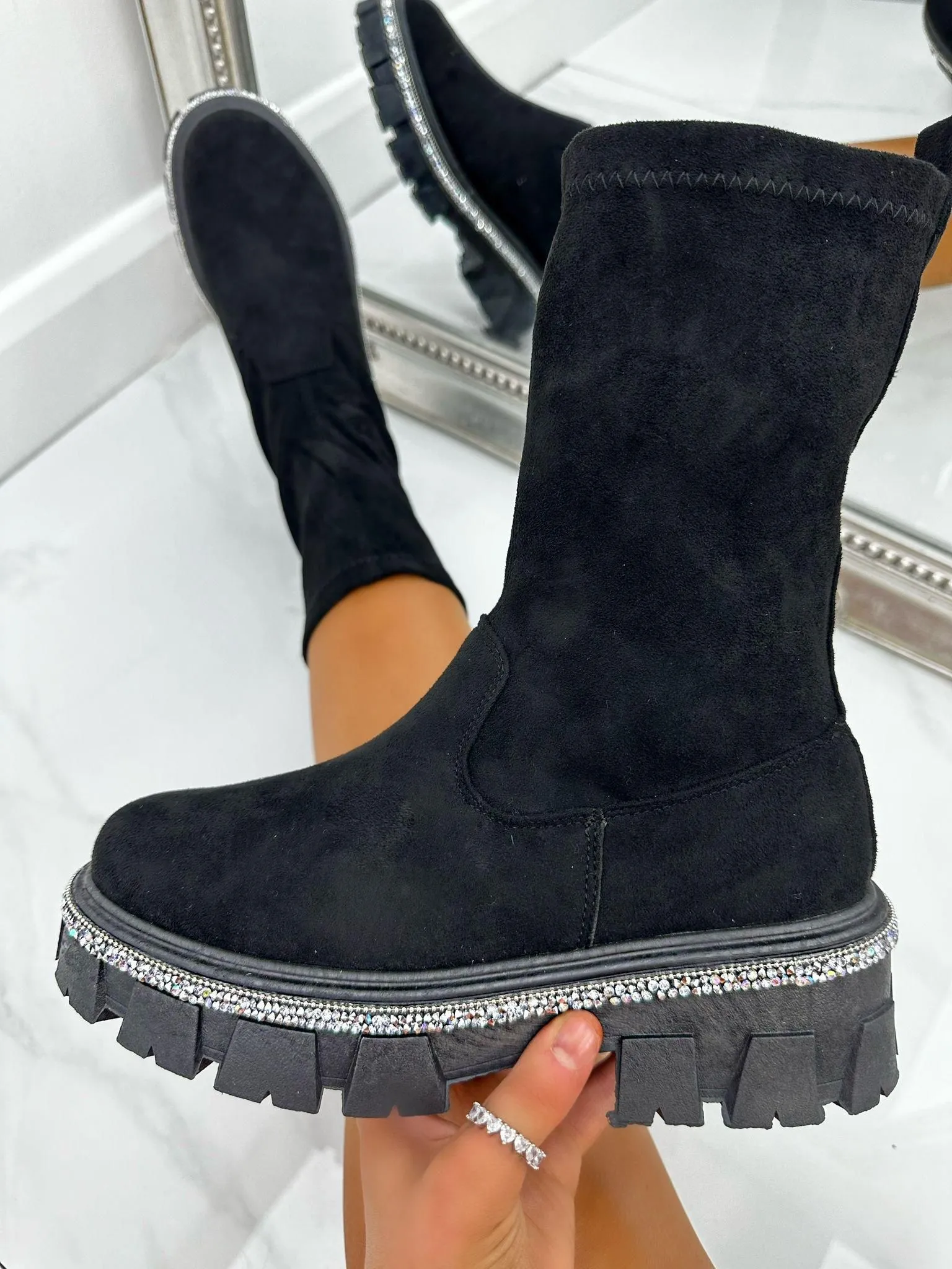 Crystal Trim Suede Sock Boots