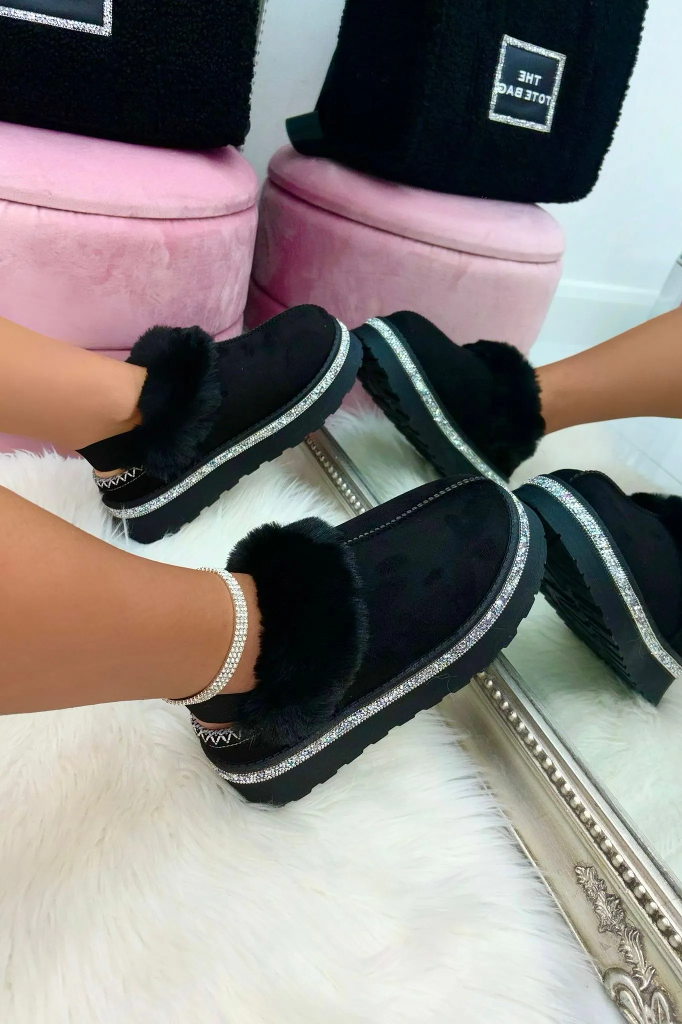 Crystal Trim Snugg Platform Strap Slippers