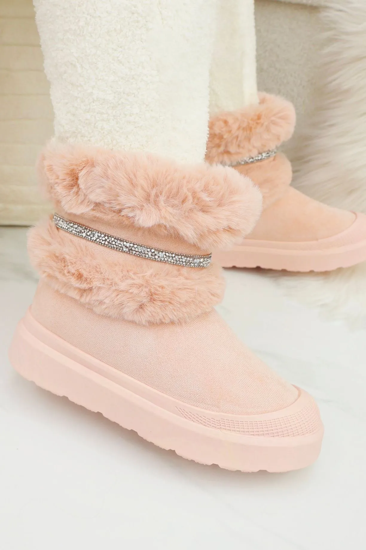 Crystal Embellished Faux Fur Trim Boots