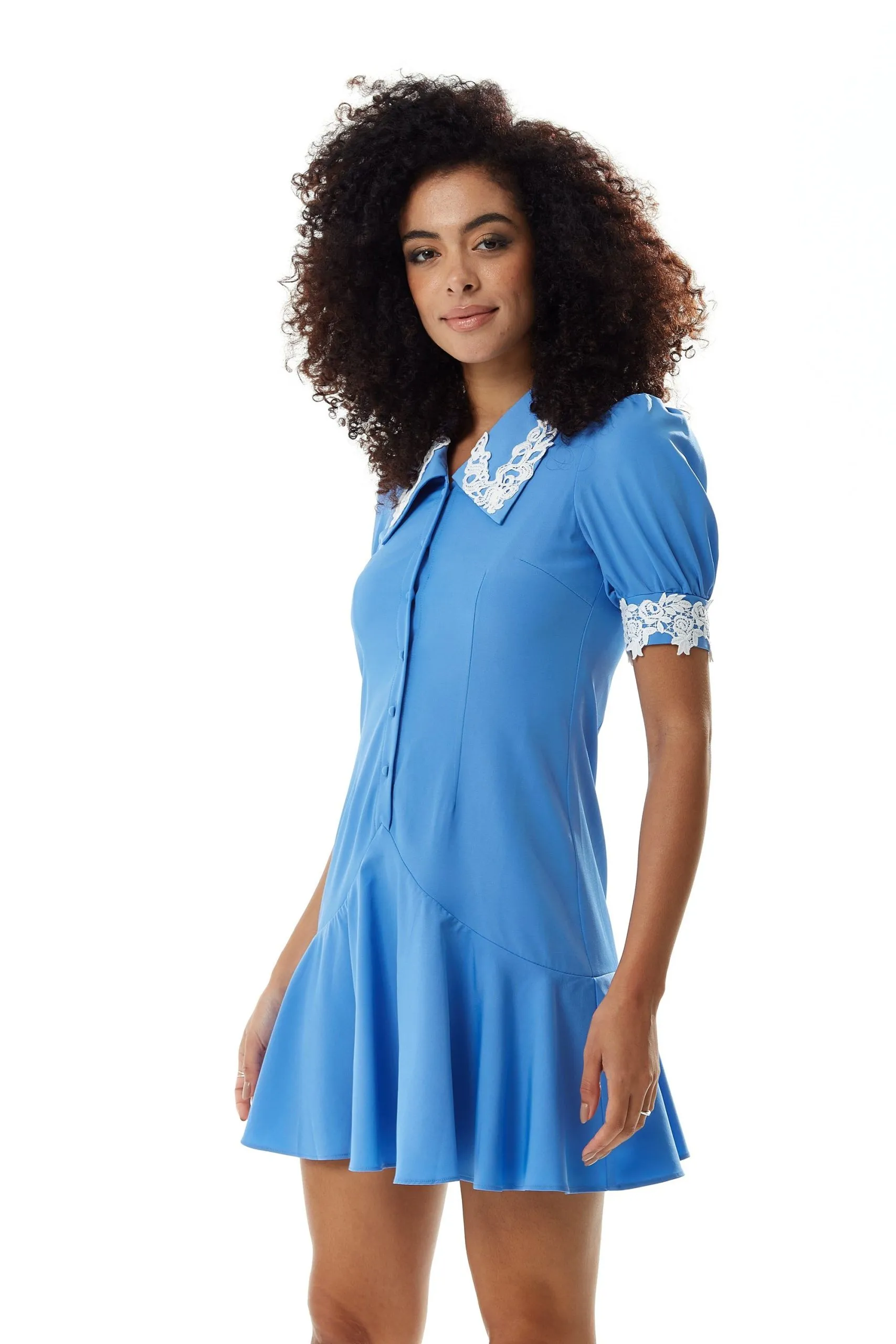Fitted Mini Dress with Lace Details on Collar and Sleeves in Turquoise