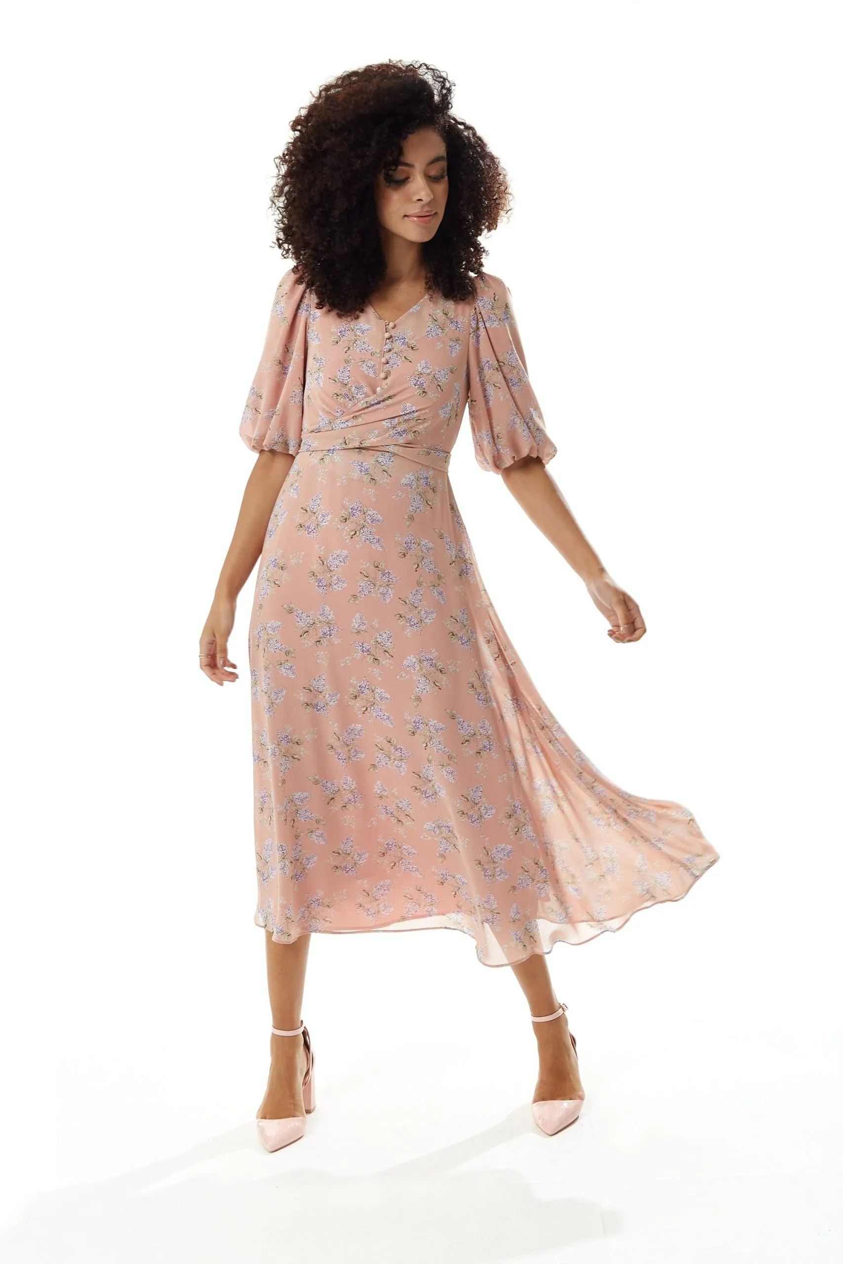 Floral Midi Dress with Tie Waist in Pink