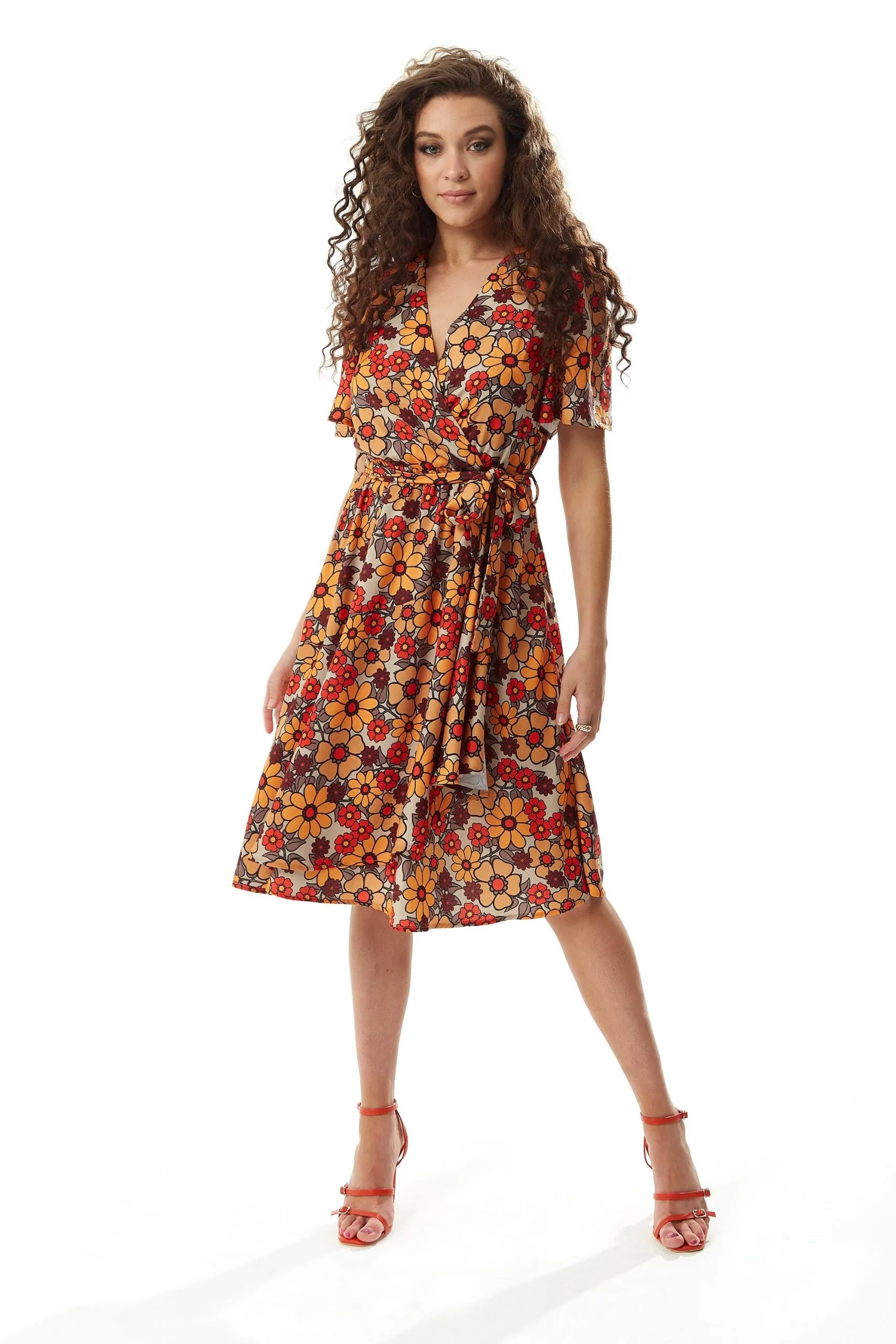 Floral Print Midi Wrap Dress in Orange and Red