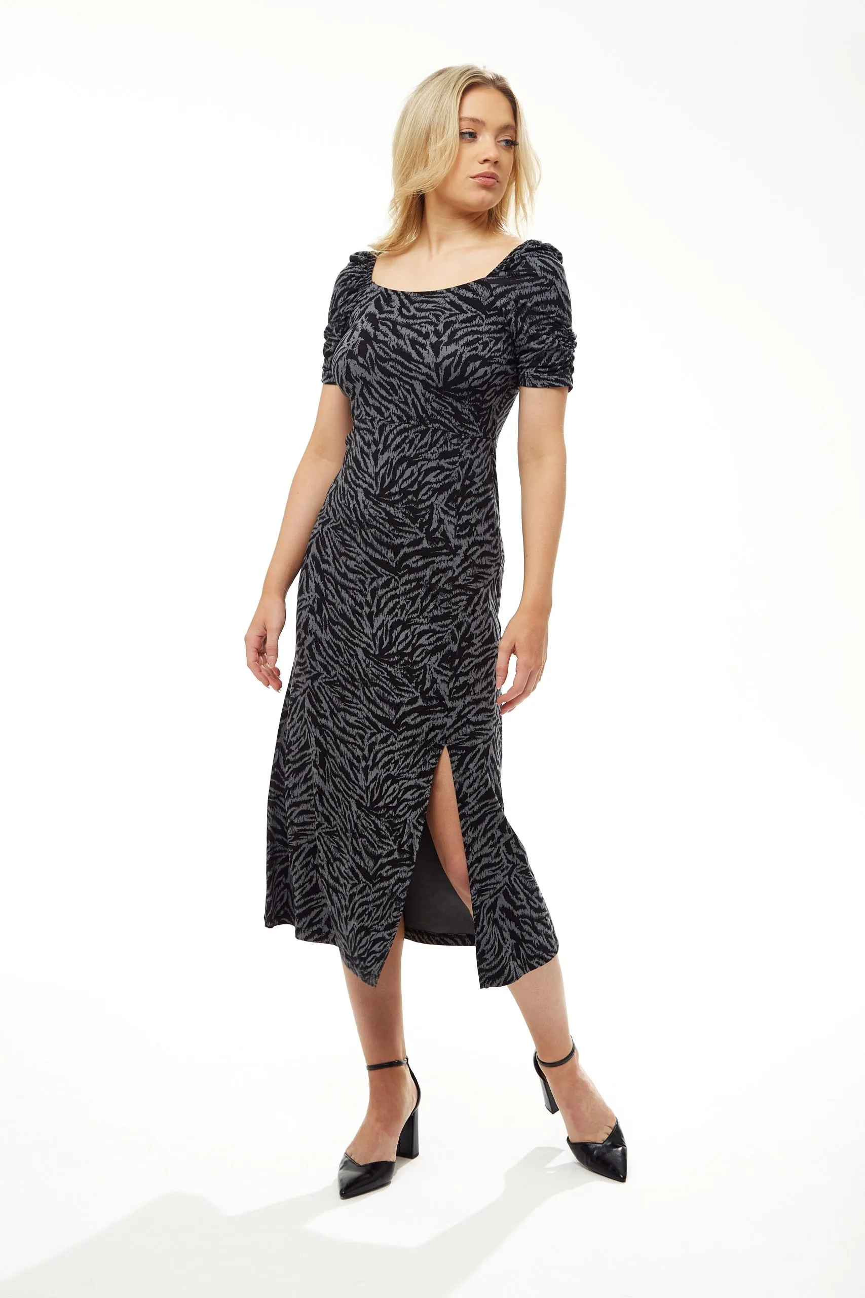 Fitted Midi Dress in Black and Grey Zebra Print